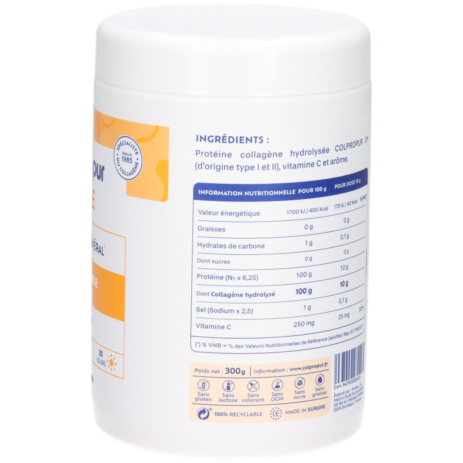 Pot de poudre Colpropur Care Collagène, vue latérale avec informations nutritionnelles et caractéristiques produit.