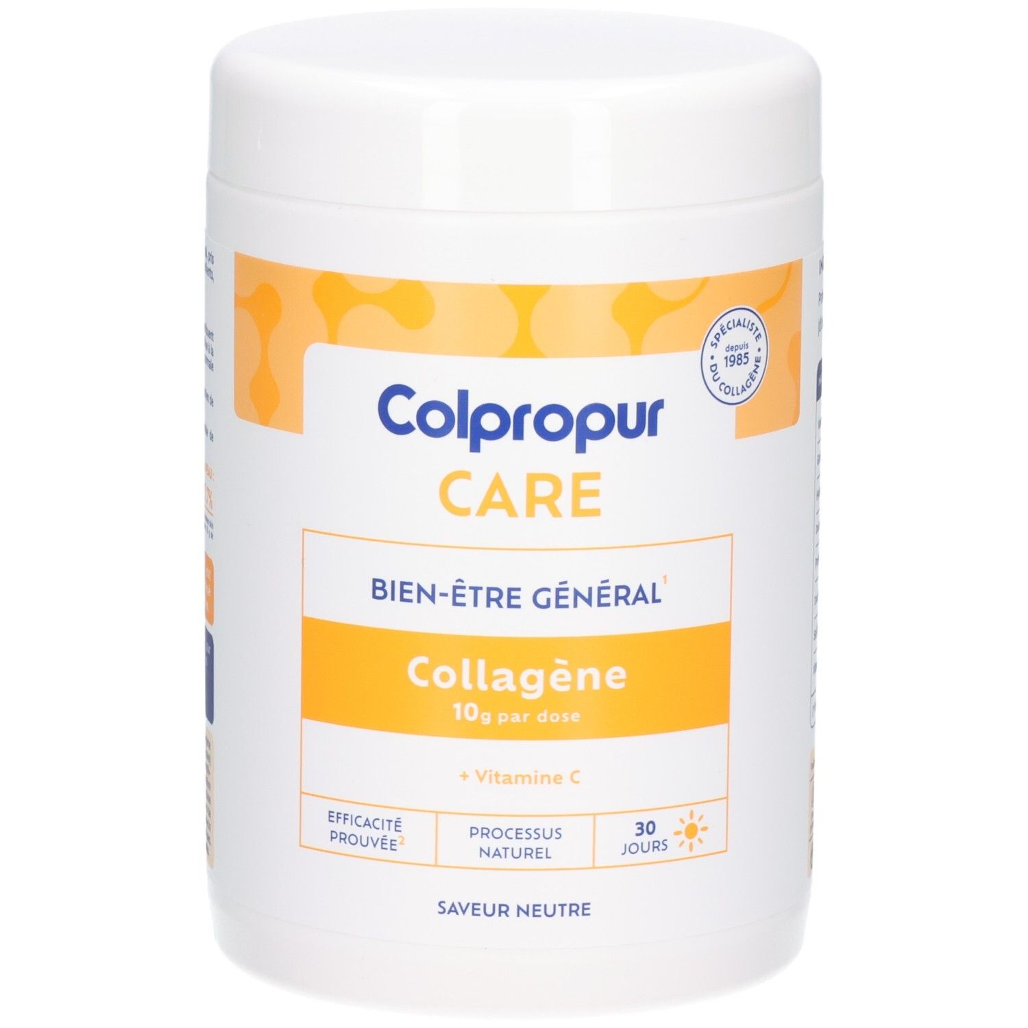 Pot de poudre Colpropur Care Collagène, face avant avec étiquette indiquant bien-être général et vitamine C.