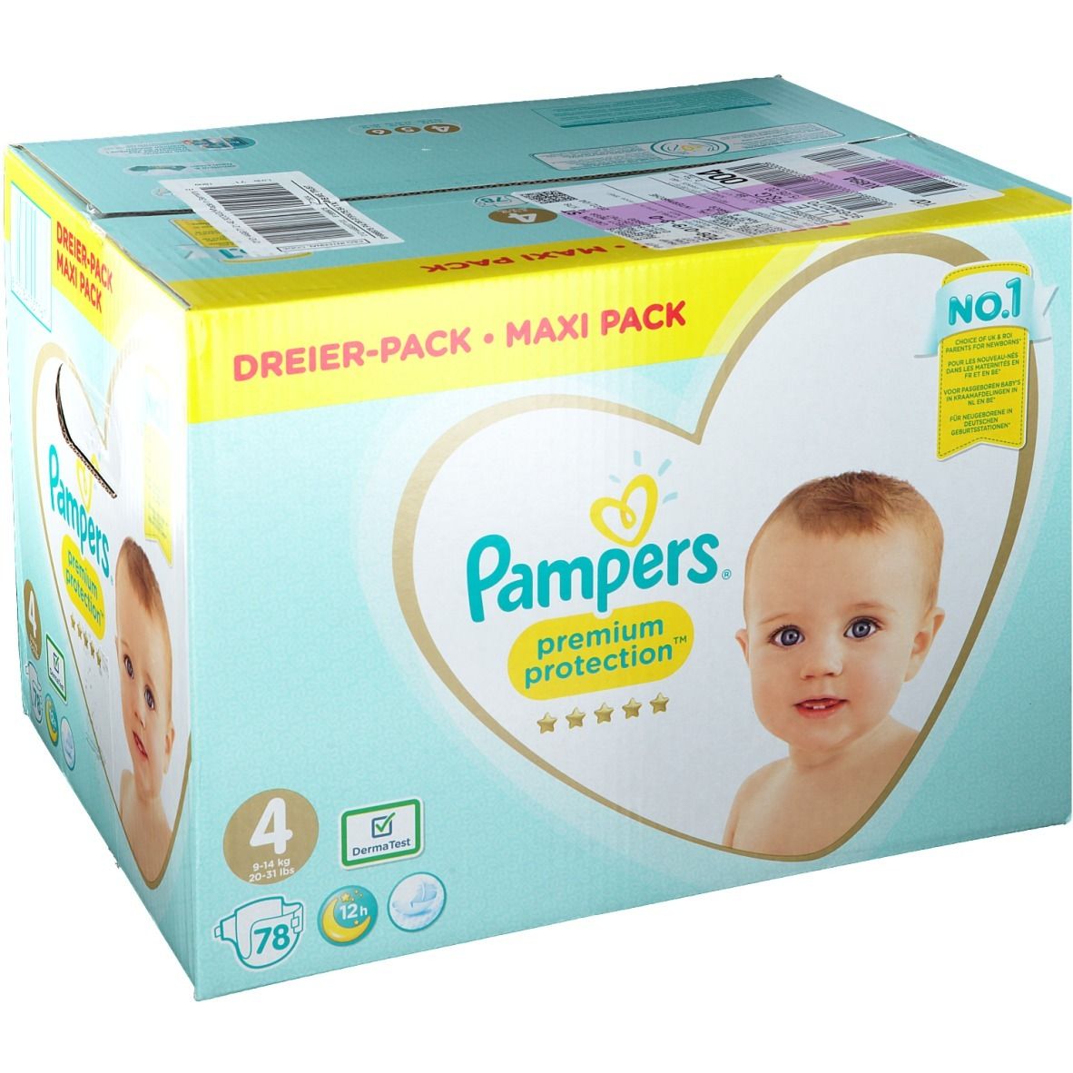 Paquet de couches Pampers Premium Protection Taille 4, Maxi Pack. Illustration bébé. Inscription : 78 pièces, 9-14 kg.