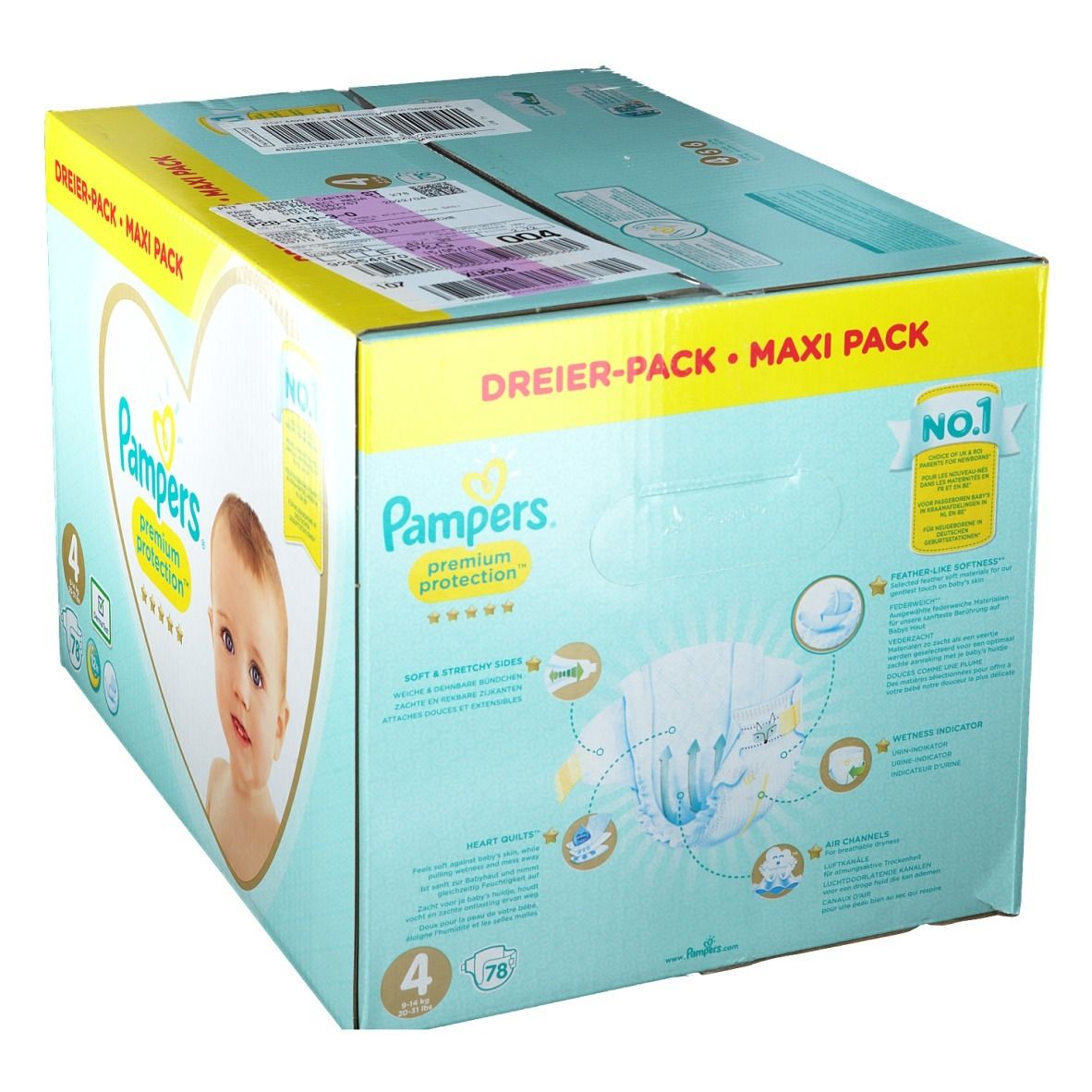 Paquet de couches Pampers Premium Protection Taille 4, Maxi Pack. Illustration bébé. Inscription : 78 pièces, 9-14 kg.