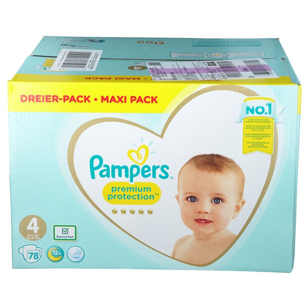 Paquet de couches Pampers Premium Protection Taille 4, Maxi Pack. Illustration bébé. Inscription : 78 pièces, 9-14 kg.