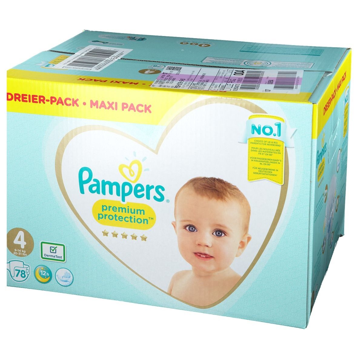 Paquet de couches Pampers Premium Protection Taille 4, Maxi Pack. Illustration bébé. Inscription : 78 pièces, 9-14 kg.