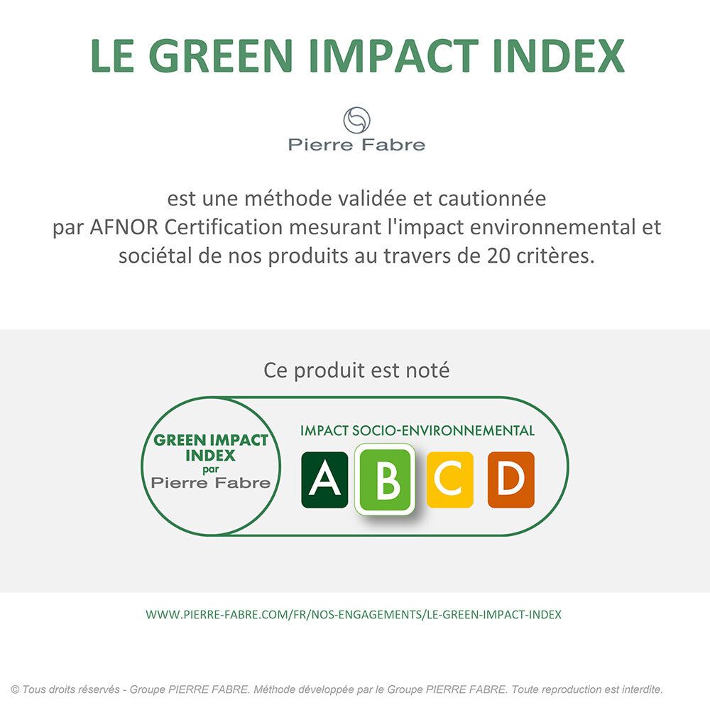 Feuille blanche avec texte. Le Green Impact Index. Pierre Fabre. Notation: A, B, C, D. Texte sur l'impact environnemental et social. Adresse du site web.