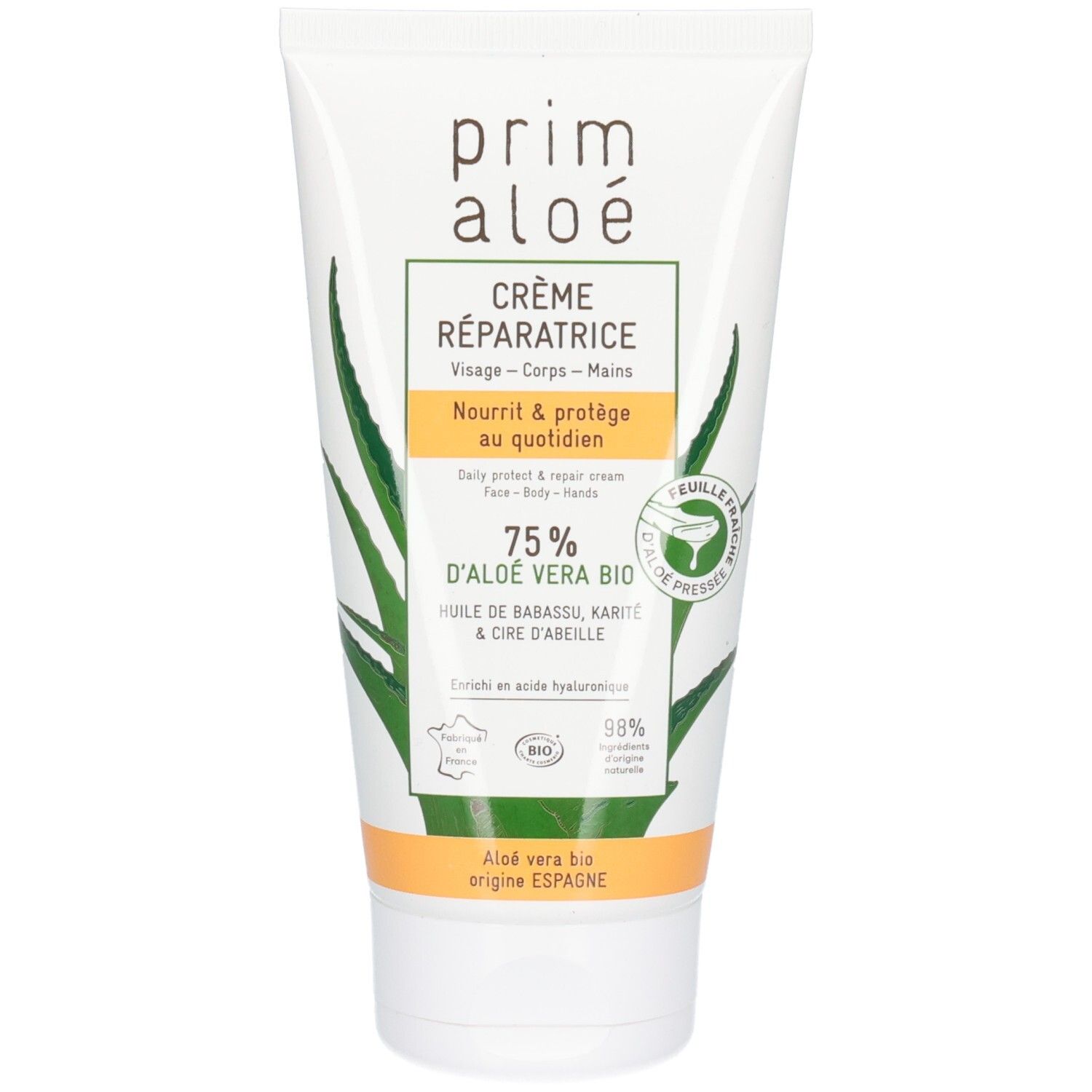 Prim Aloe Crème Réparatrice visage, corps, mains. 75% d'Aloe Vera Bio.