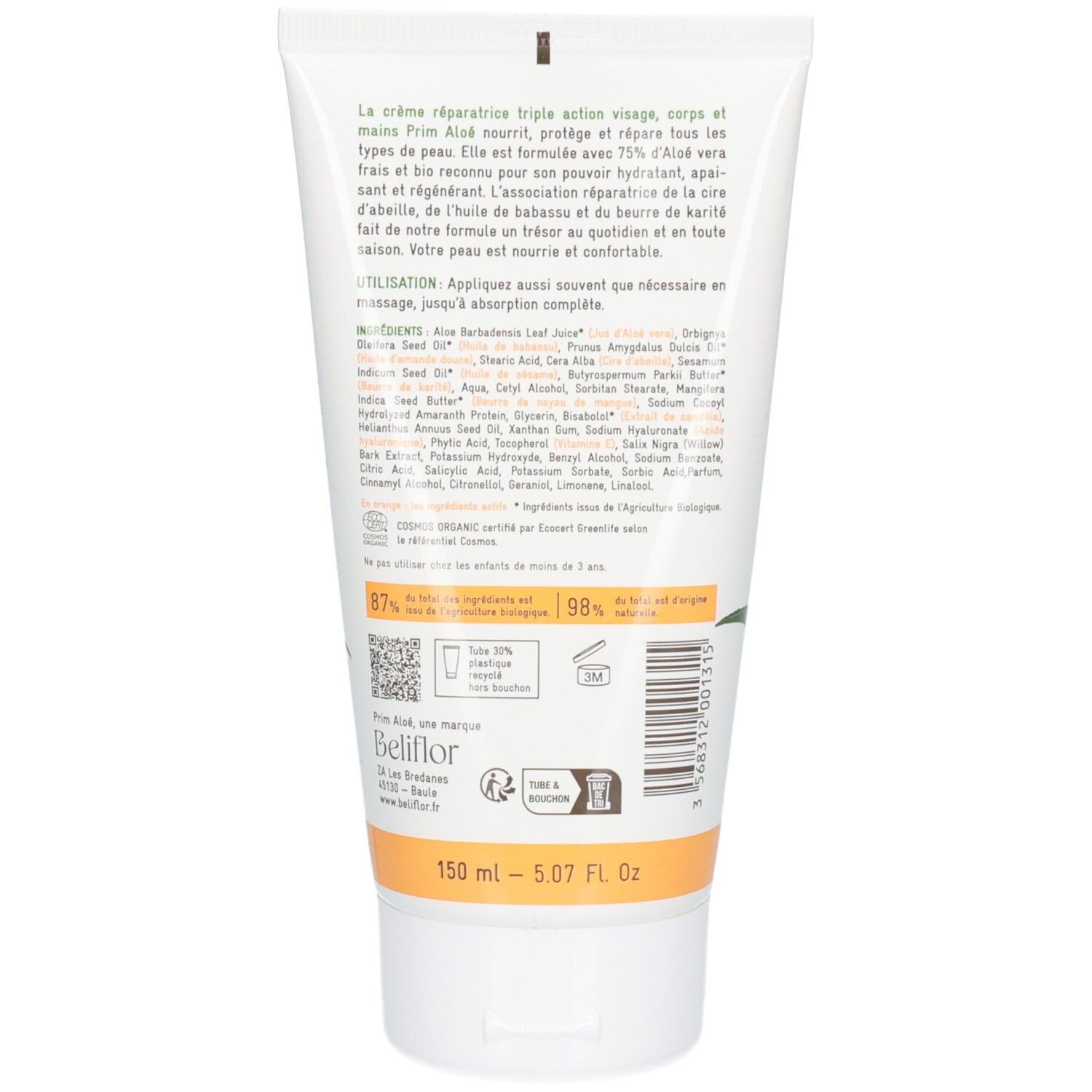 Dos de la Prim Aloe Crème Réparatrice. Ingrédients et certifications.