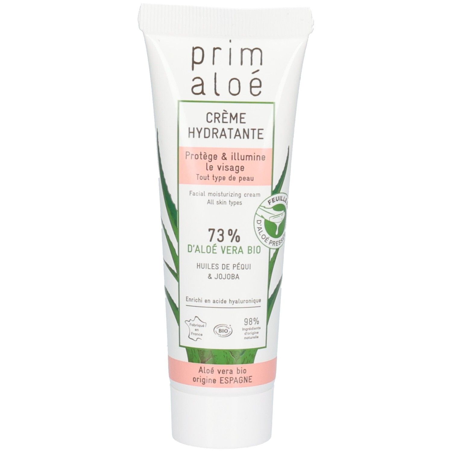 Crème hydratante Prim Aloé visage, 73% Aloe Vera bio, huiles de pépins de figue de barbarie et jojoba.
