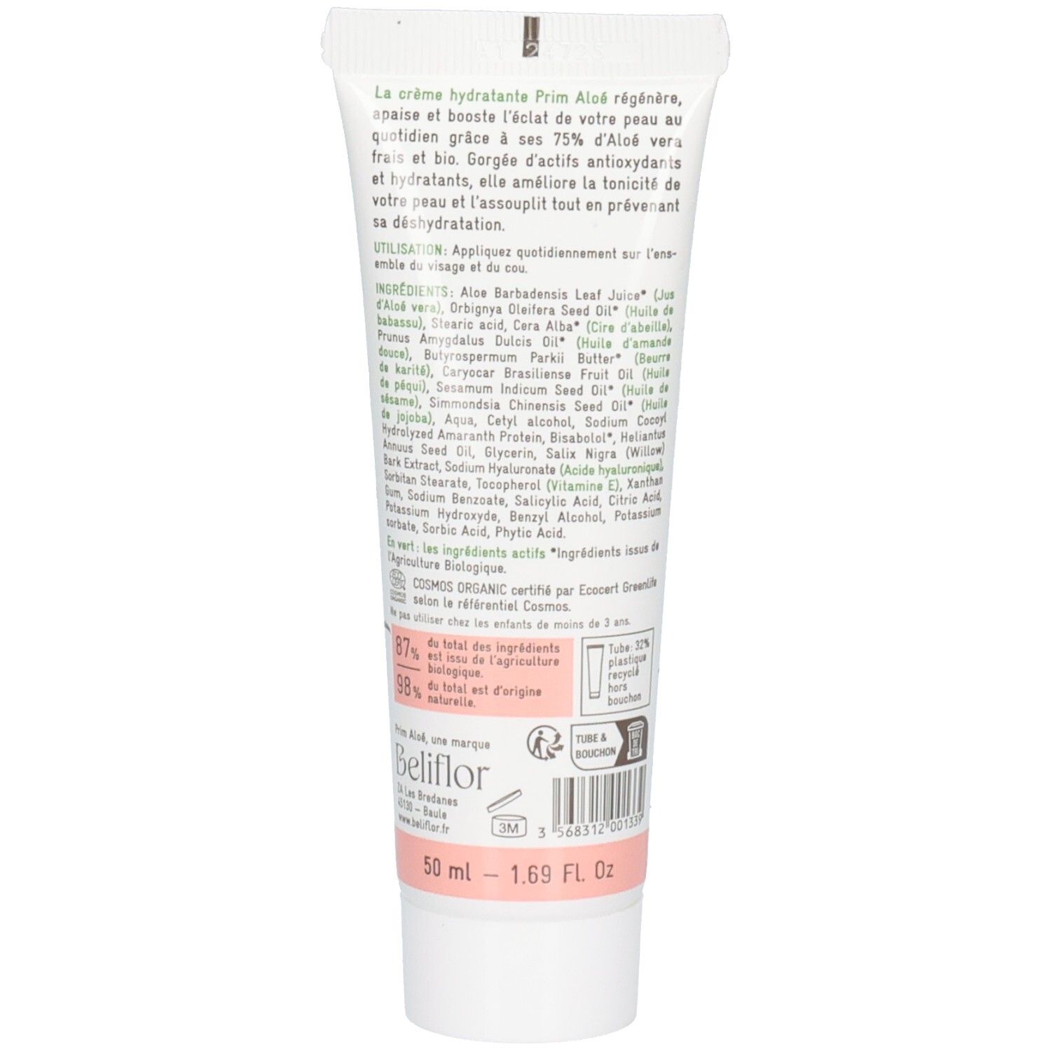 Arrière du tube de crème hydratante Prim Aloé avec liste d'ingrédients et certifications.
