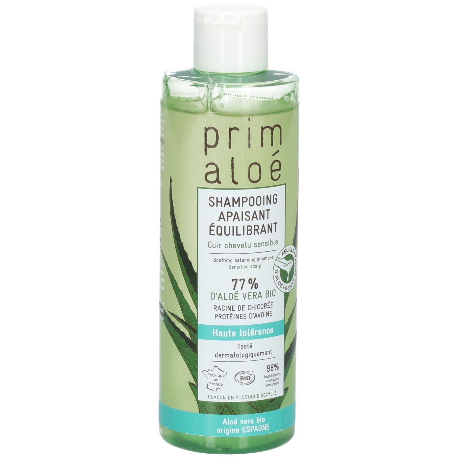 Shampooing Prim Aloe : apaisant et équilibrant pour cheveux sensibles, 77% Aloe Vera Bio.