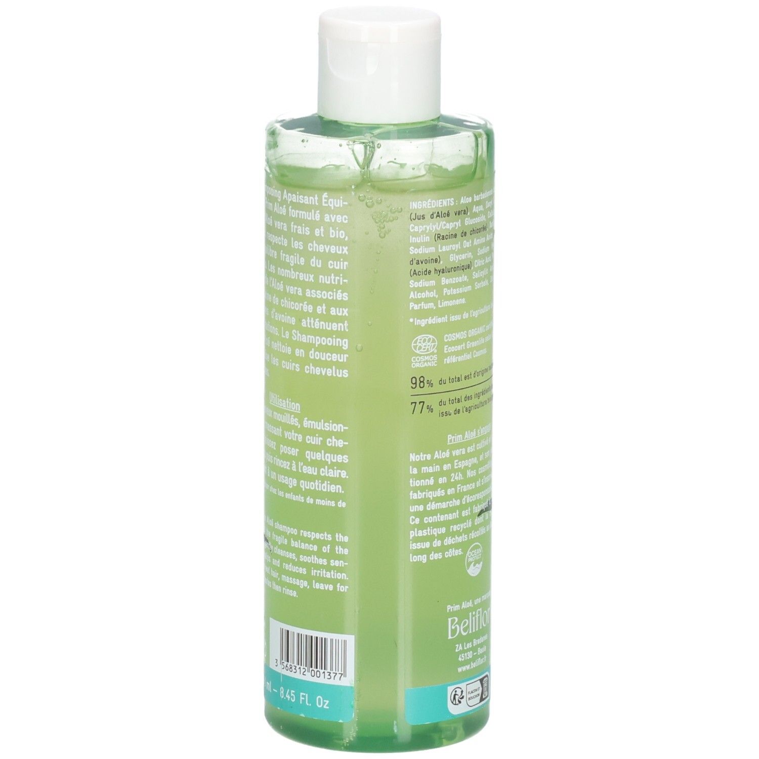 Bouteille Prim Aloe Shampoo, dos : ingrédients, certification bio, testé dermatologiquement.