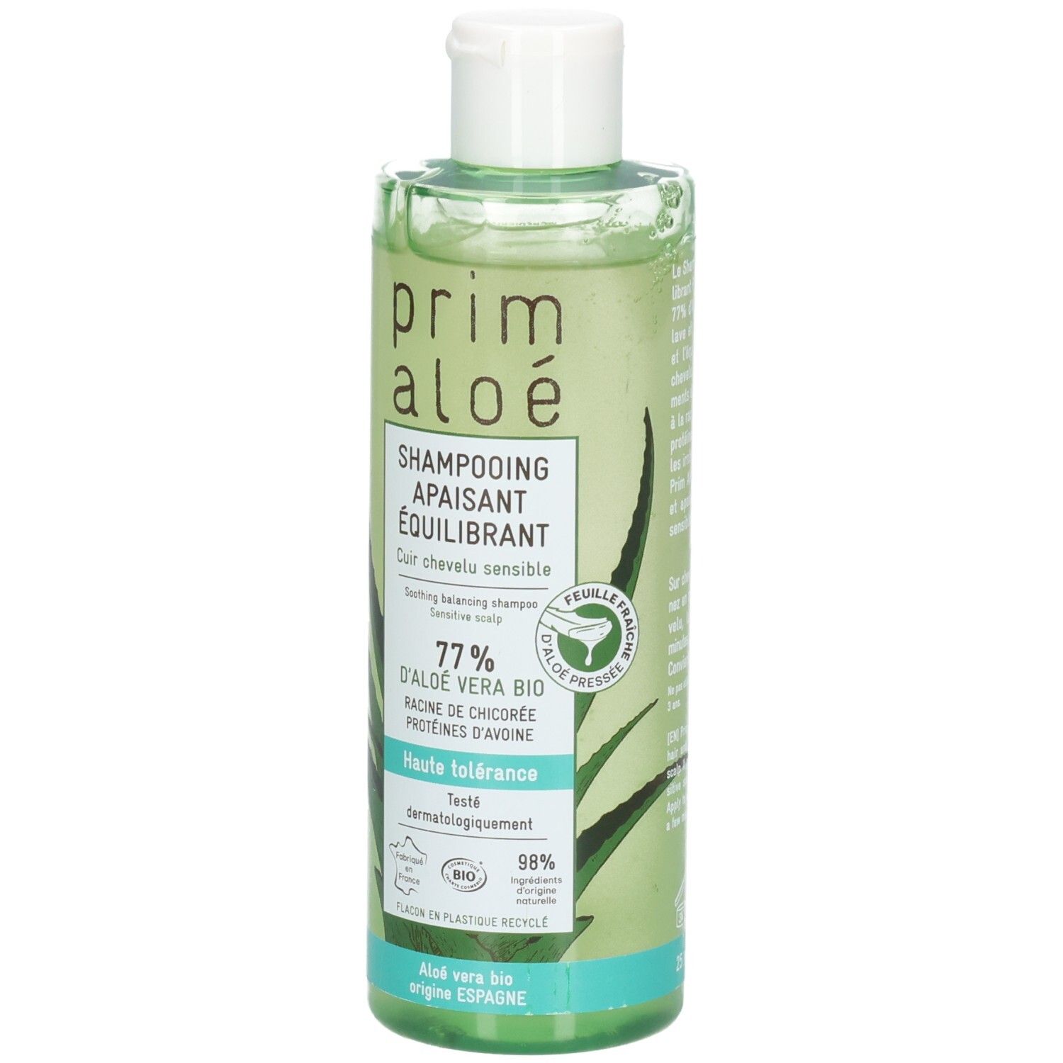 Shampooing Prim Aloe : apaisant et équilibrant pour cheveux sensibles, 77% Aloe Vera Bio.