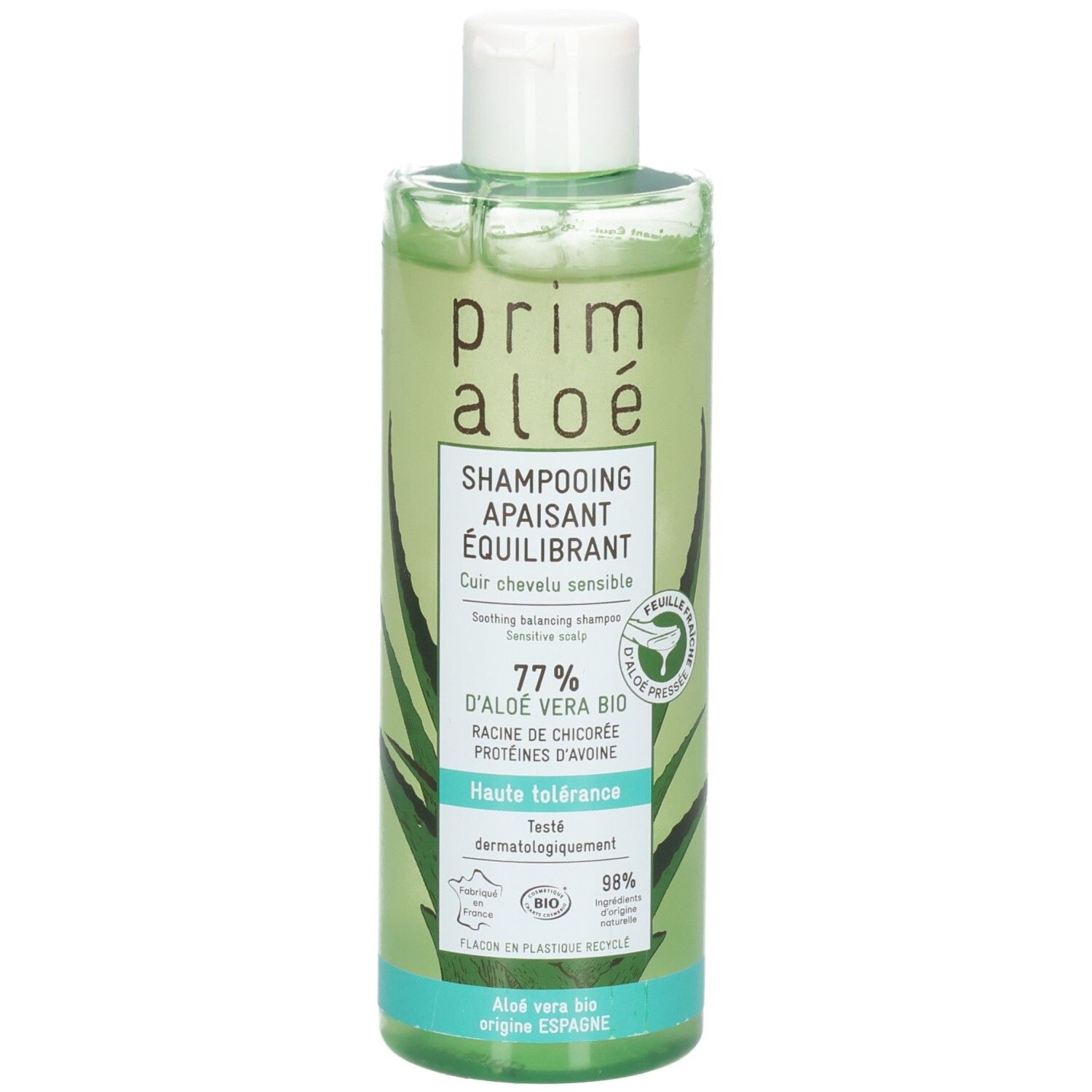 Shampooing Prim Aloe : apaisant et équilibrant pour cheveux sensibles, 77% Aloe Vera Bio.