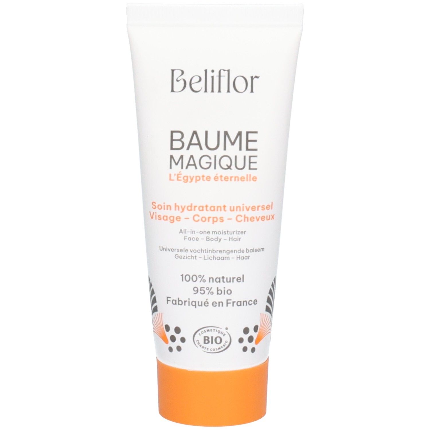 Tube blanc avec bouchon orange, Beliflor Baume Magique, 100% naturel, 95% bio.