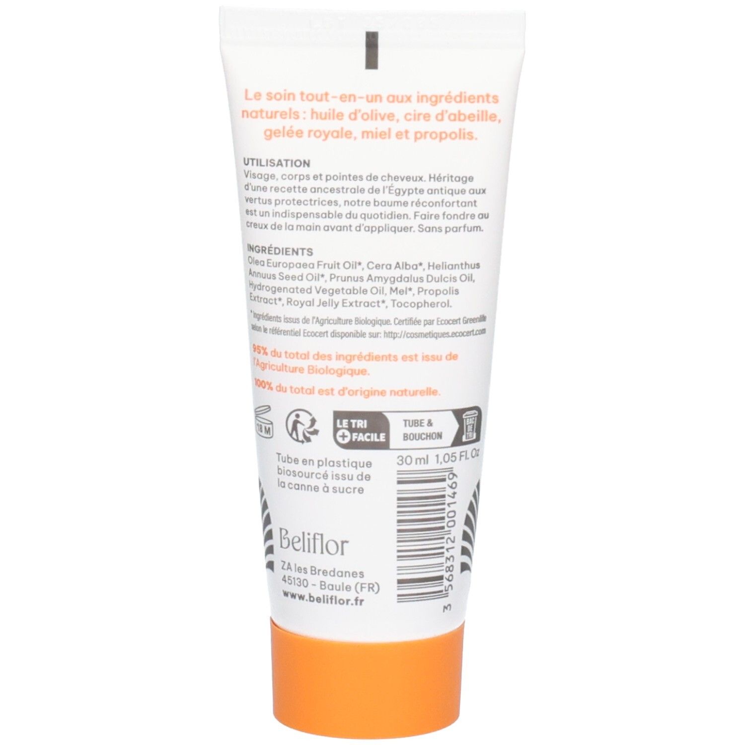 Arrière d'un tube blanc avec bouchon orange, Beliflor Baume Magique, ingrédients et utilisation.