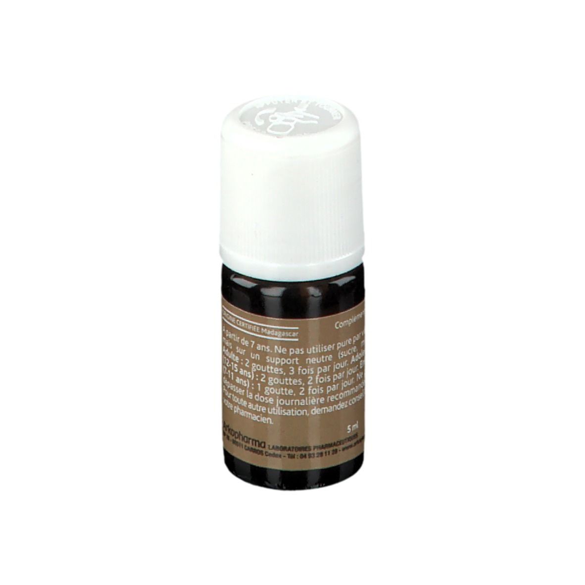 Flacon en verre brun, bouchon blanc. Étiquette avec informations produit et conseils d'utilisation.