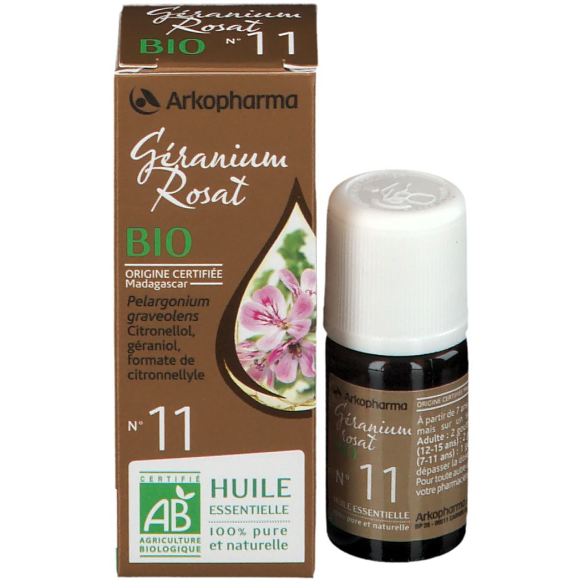 Emballage produit avec flacon et boîte. Inscription: Géranium Rosat BIO N°11. Certifications.