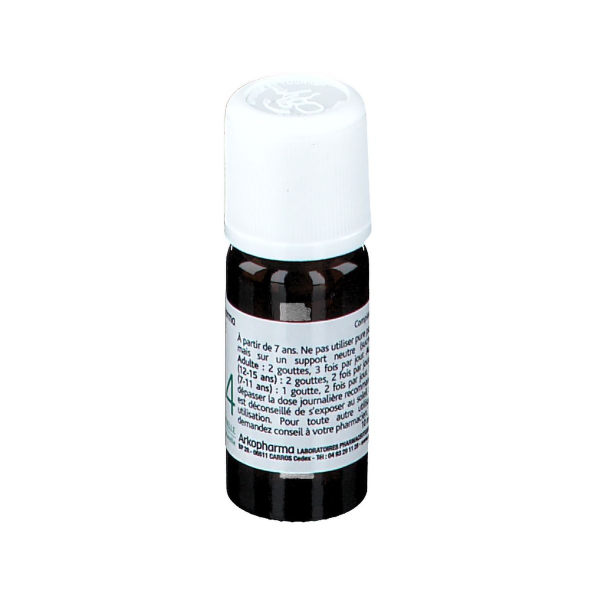 Flacon en verre brun avec bouchon blanc. Étiquette avec texte et informations d'utilisation. Arkopharma.