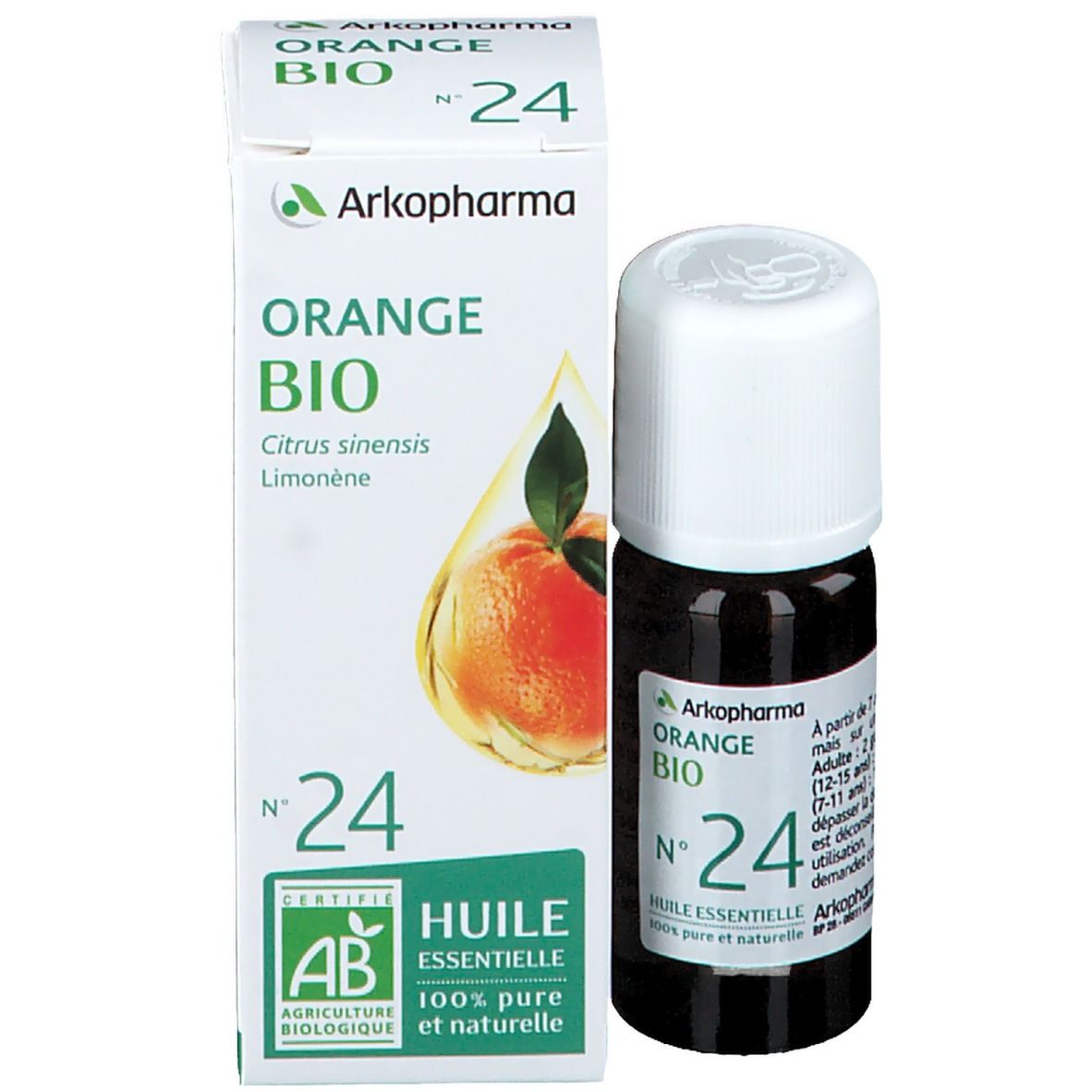 Emballage du produit avec flacon et boîte. Boîte avec texte: Orange Bio N°24, Huile essentielle. Arkopharma. Certification AB.