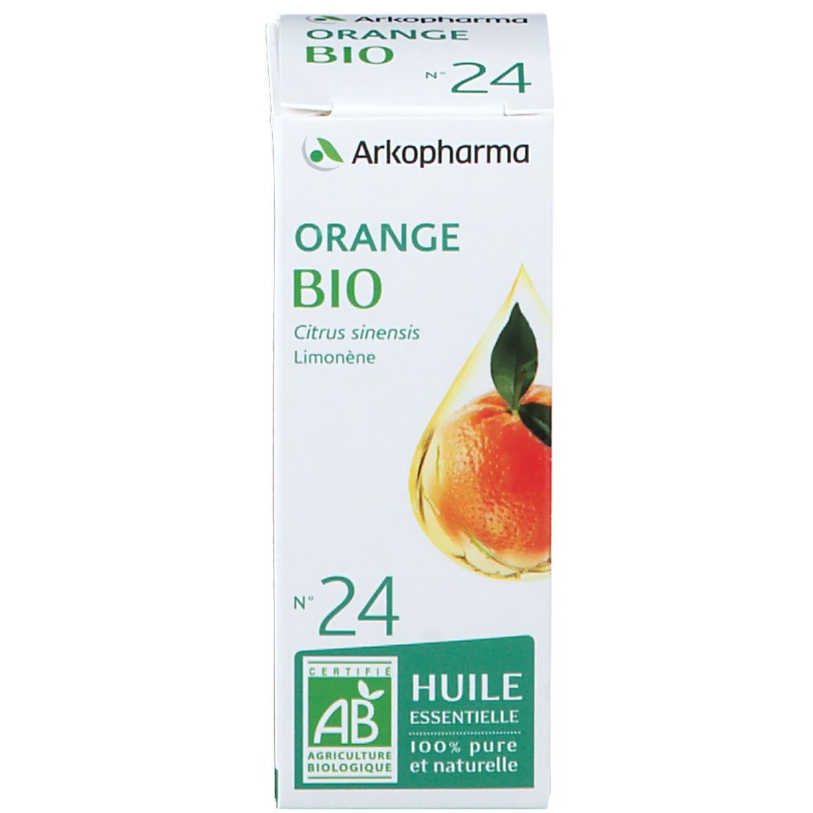 Emballage du produit avec boîte. Boîte avec texte: Orange Bio N°24, Huile essentielle. Arkopharma. Certification AB.