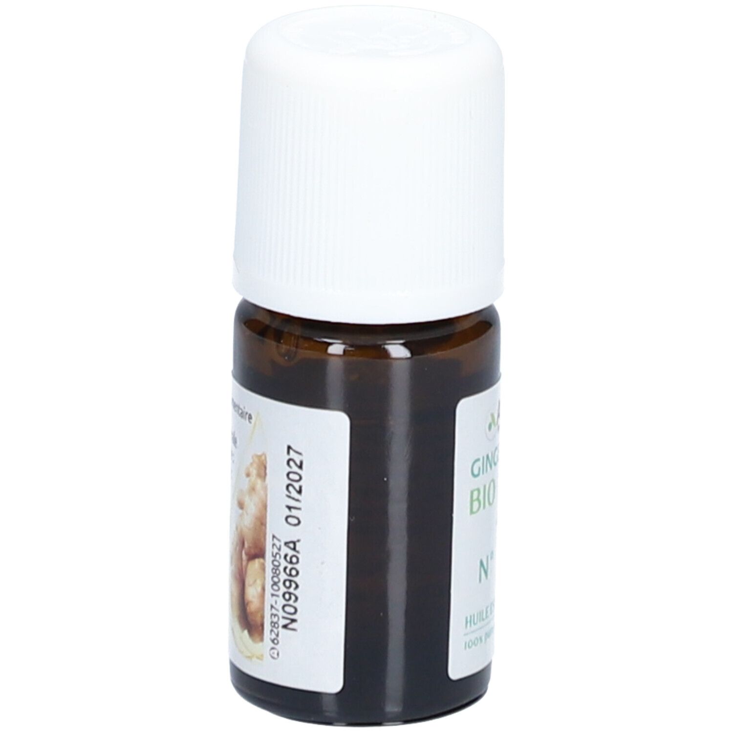 Flacon en verre brun avec bouchon blanc. Étiquette avec texte: Gingembre Bio N°12 Huile Essentielle. Marque: Arko Pharma. Date de péremption.