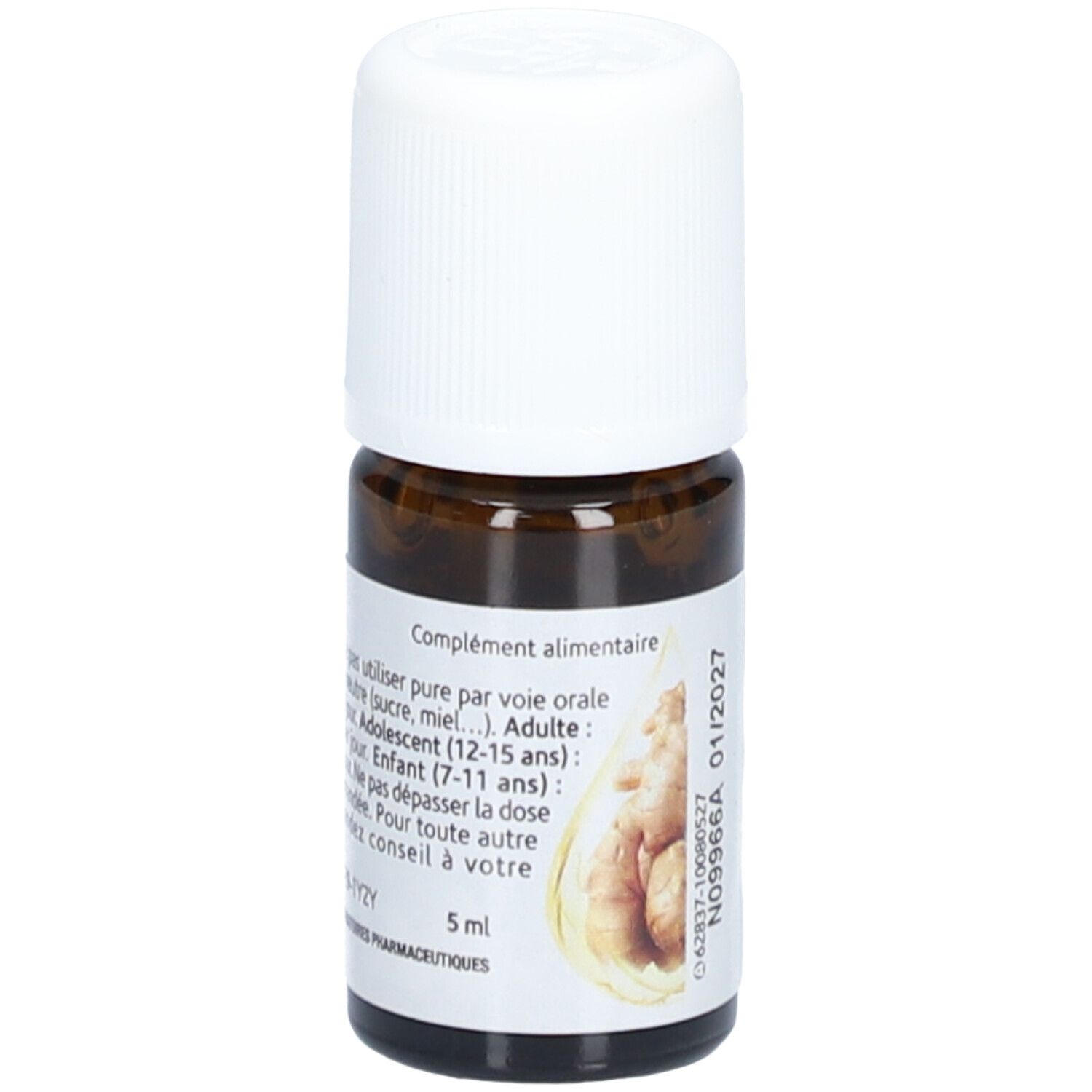 Flacon en verre brun avec bouchon blanc. Étiquette avec texte: Gingembre Bio N°12 Huile Essentielle. Marque: Arko Pharma. Texte sur le dosage.