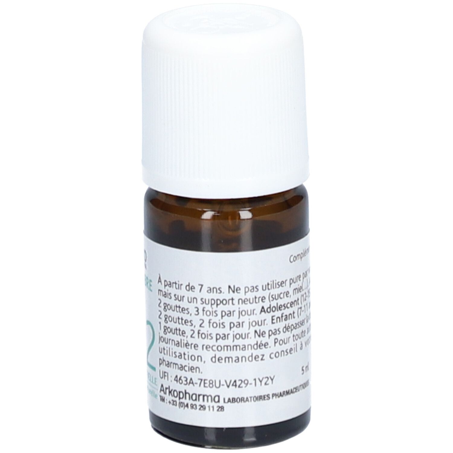 Flacon en verre brun avec bouchon blanc. Étiquette avec texte: Gingembre Bio N°12 Huile Essentielle. Marque: Arko Pharma. Texte sur le dosage.