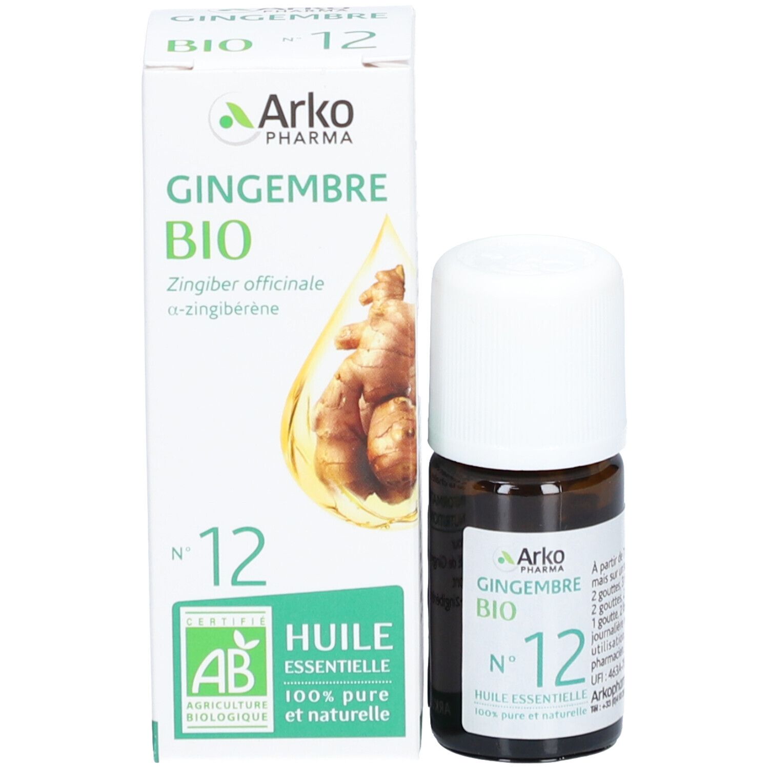 Flacon et emballage. Emballage avec texte: Gingembre Bio N°12 Huile Essentielle. Marque: Arko Pharma. Certification AB.