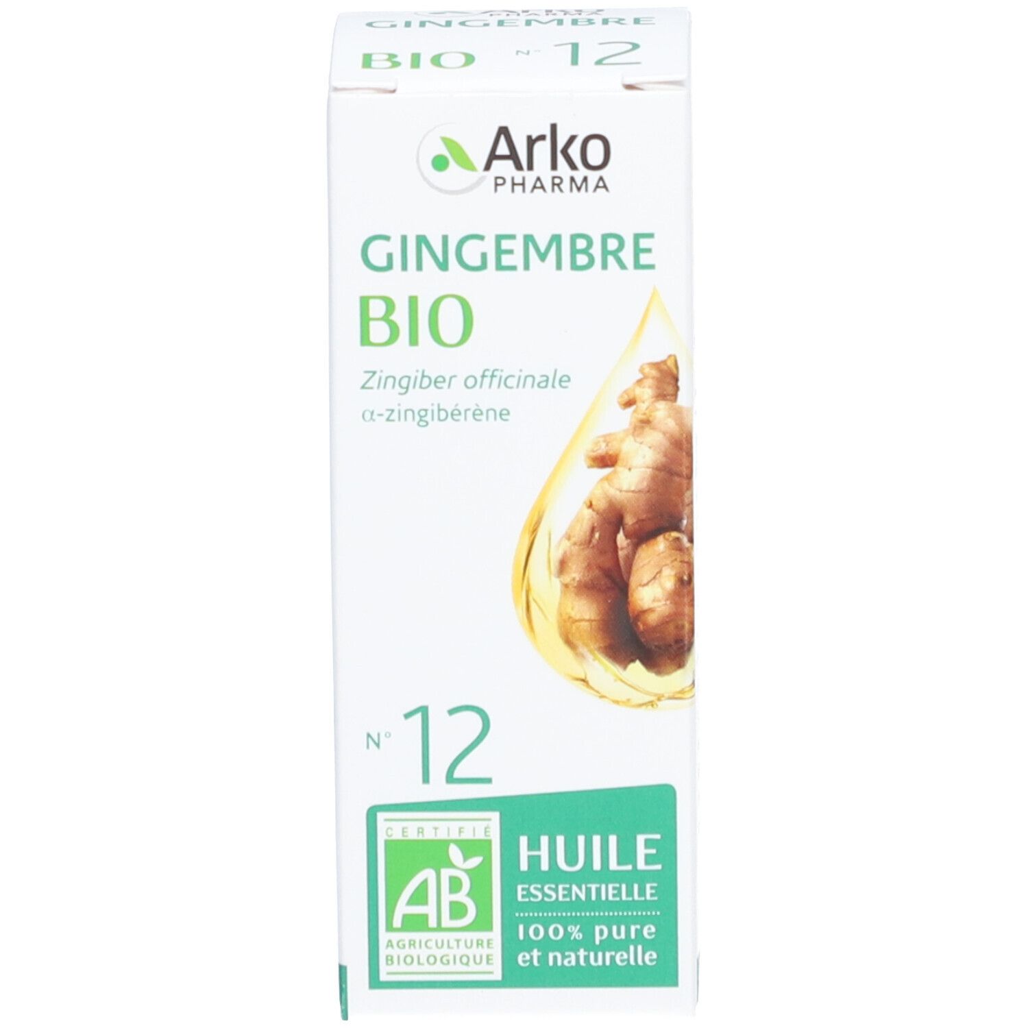 Flacon et emballage. Emballage avec texte: Gingembre Bio N°12 Huile Essentielle. Marque: Arko Pharma. Certification AB.