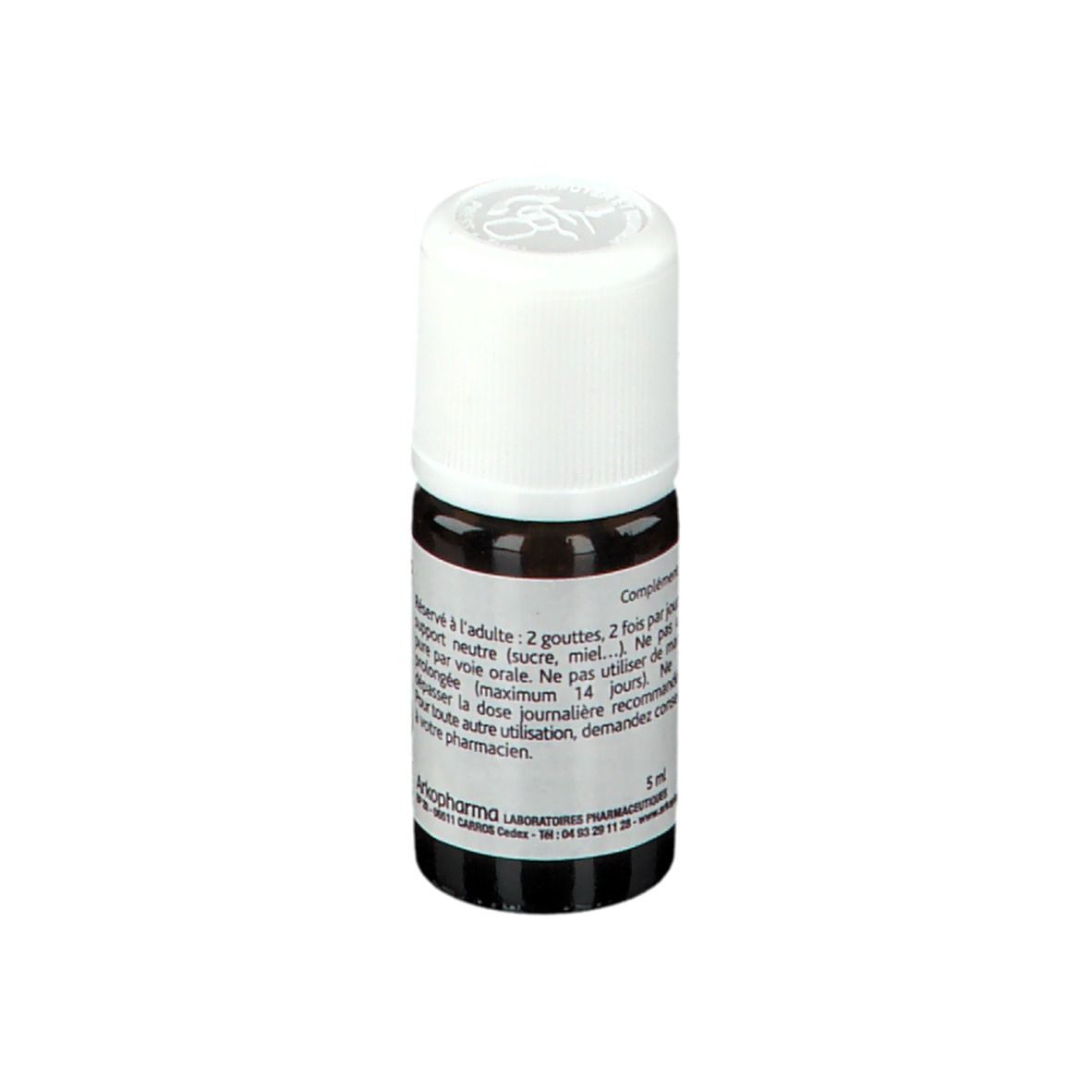 Flacon en verre brun avec bouchon blanc. Étiquette avec texte. Marque Arkopharma. Contient 5 ml.