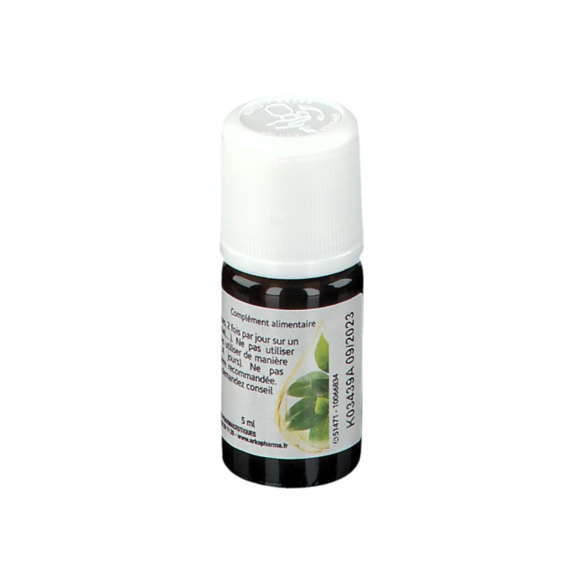 Flacon en verre brun avec bouchon blanc. Étiquette avec texte et feuilles vertes. Marque Arkopharma. Contient 5 ml.