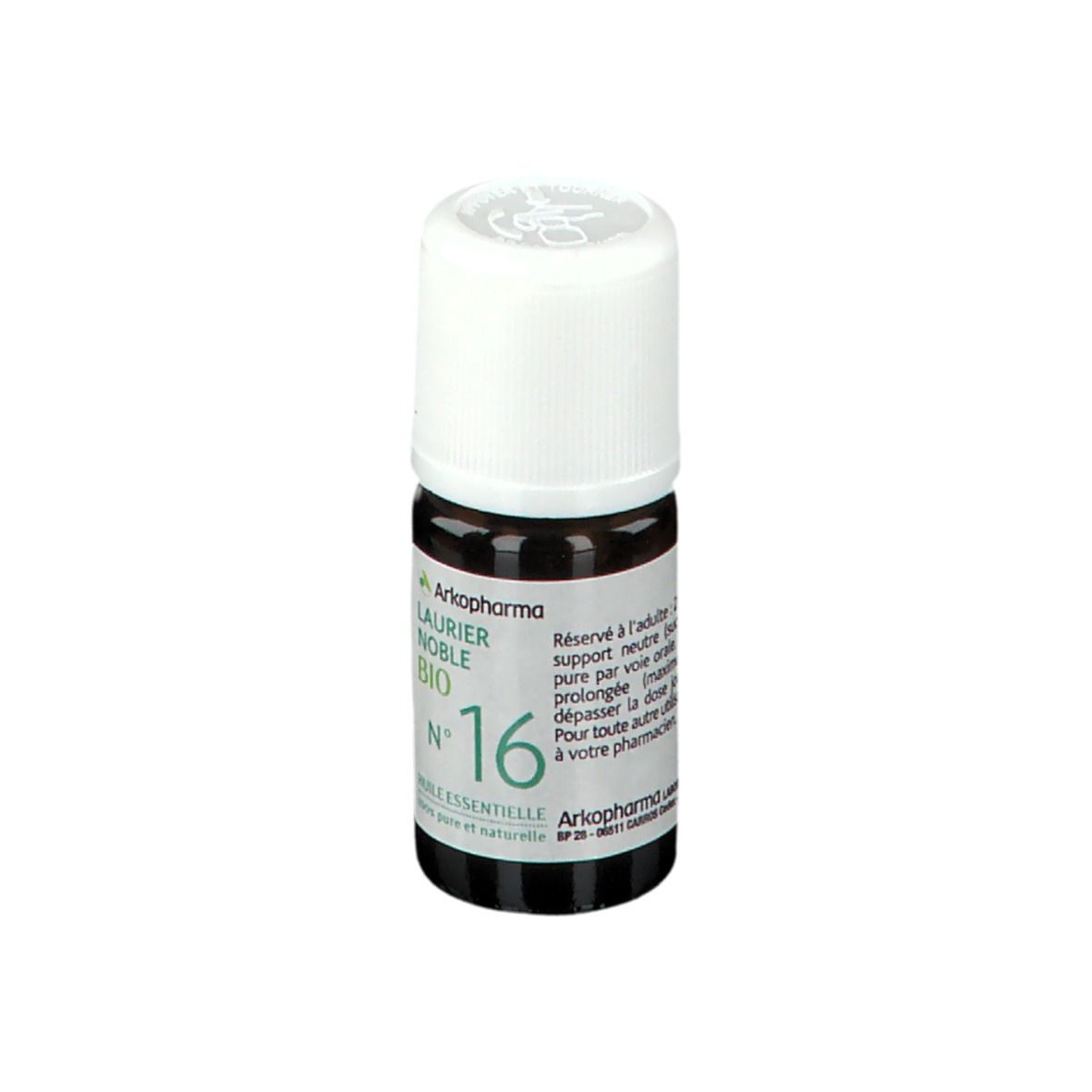 Flacon en verre brun avec bouchon blanc. Étiquette verte: LAURIER NOBLE BIO N°16. Marque Arkopharma.