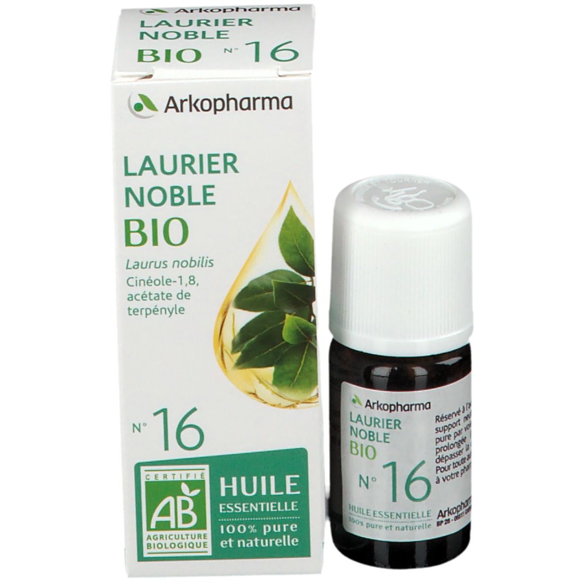 Emballage et flacon. Boîte avec texte vert: LAURIER NOBLE BIO N°16. Marque Arkopharma. Label AB.