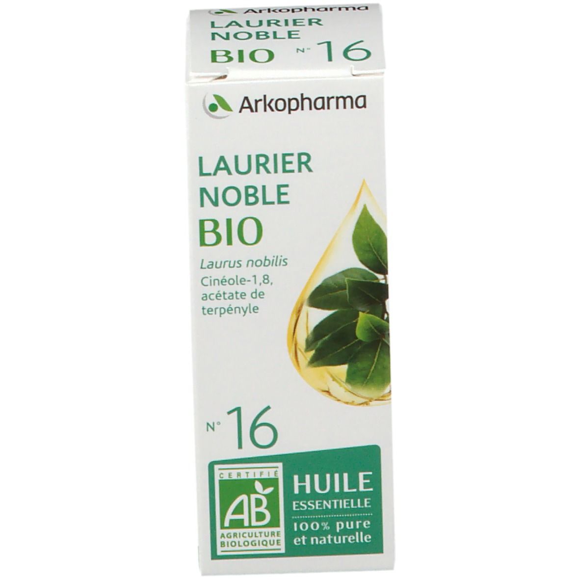 Emballage du produit. Boîte avec texte vert: LAURIER NOBLE BIO N°16. Marque Arkopharma. Label AB.