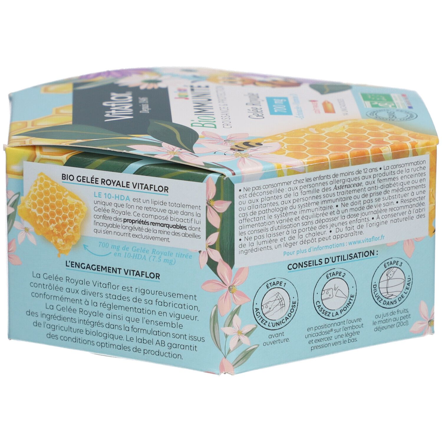 Boîte Vitaflor BioImmunité. Texte: Bio Gelée Royale Vitaflor. Contient 10-HDA. Instructions d'utilisation.