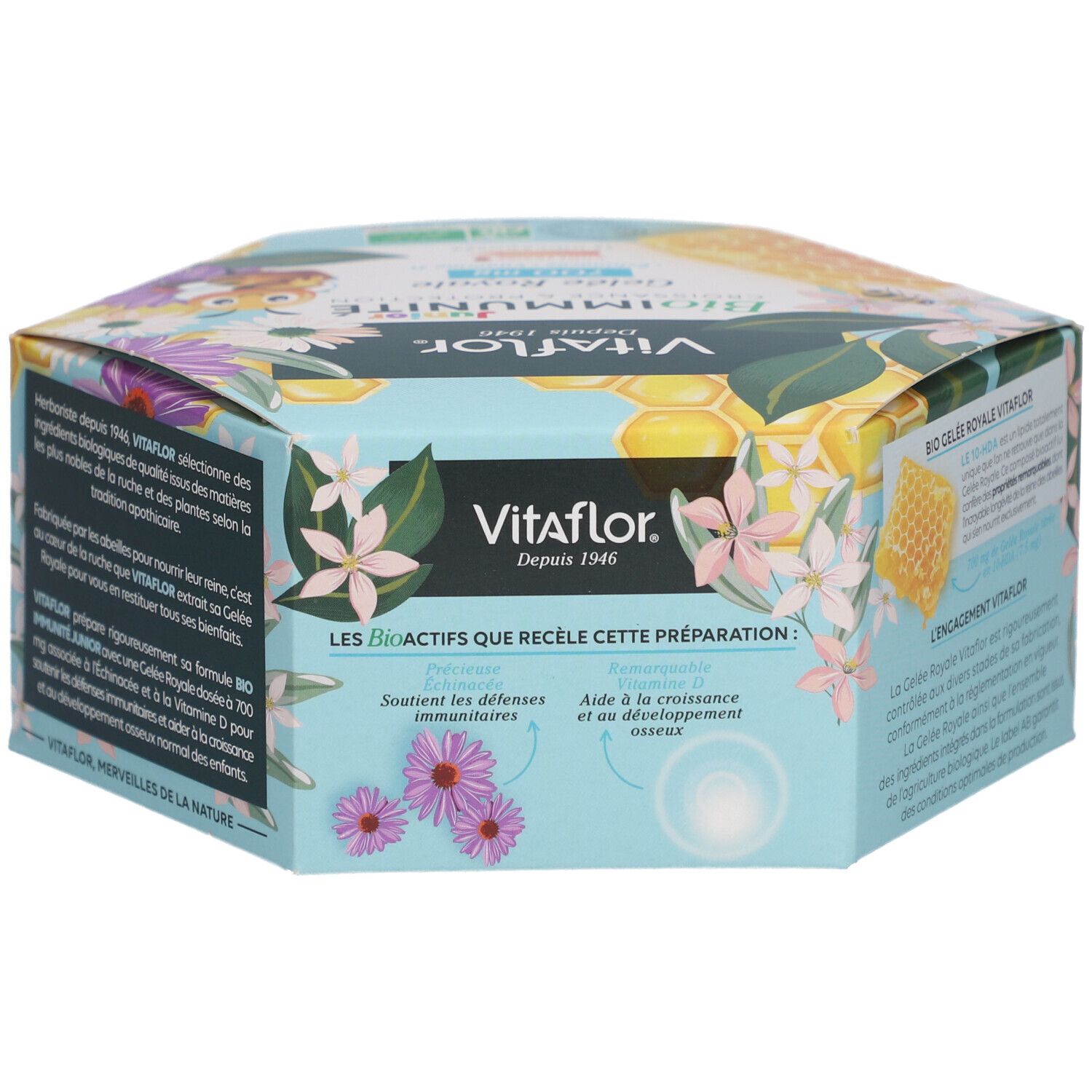 Boîte hexagonale Vitaflor BioImmunité. Texte: Ingrédients bioactifs. Soutient le système immunitaire.