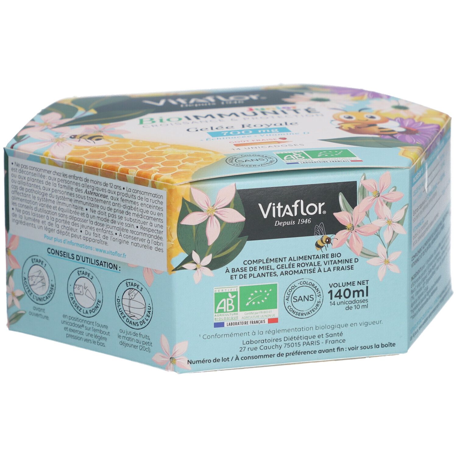 Boîte hexagonale Vitaflor BioImmunité. Texte: Complément alimentaire. Contient 14 unidoses de 10 ml.