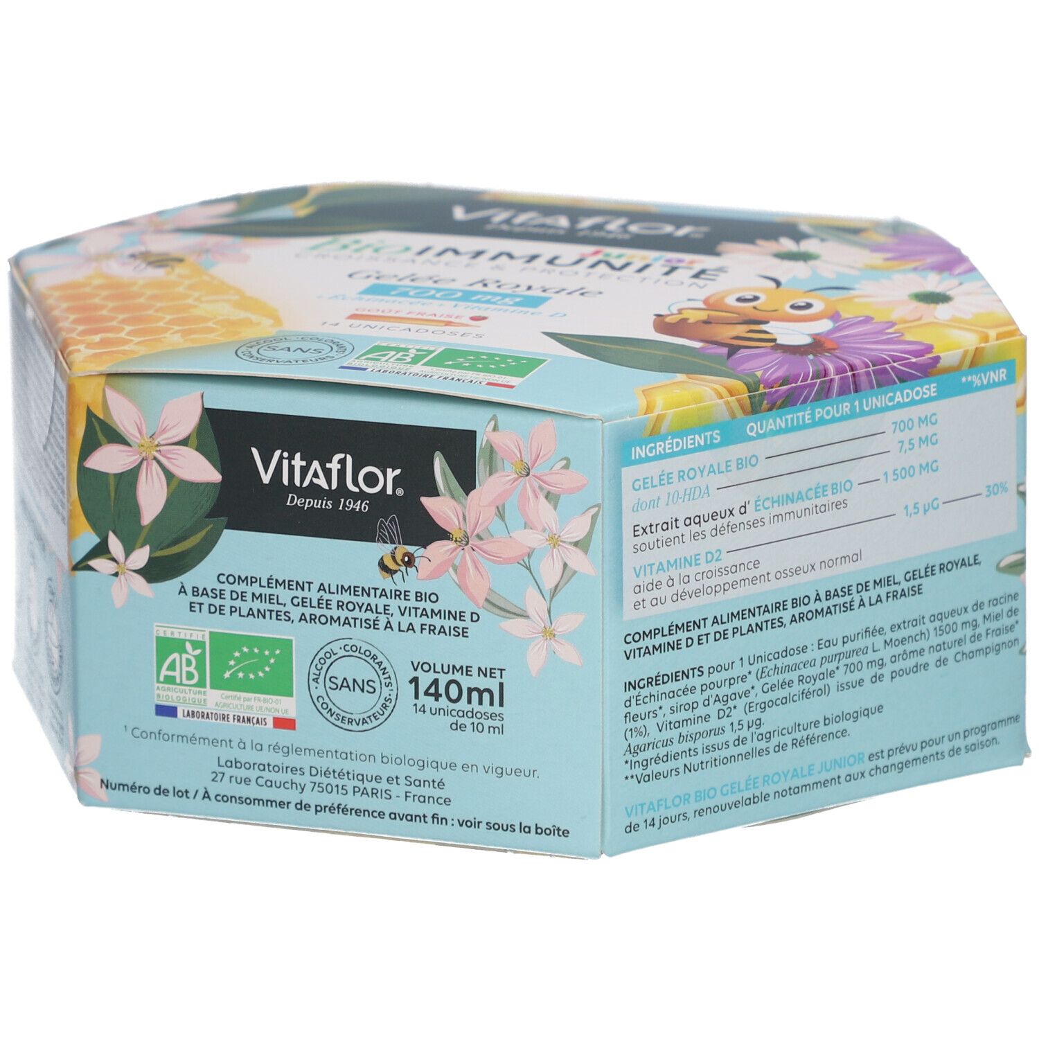 Boîte hexagonale Vitaflor BioImmunité. Texte: Complément alimentaire. Contient 14 unidoses de 10 ml.