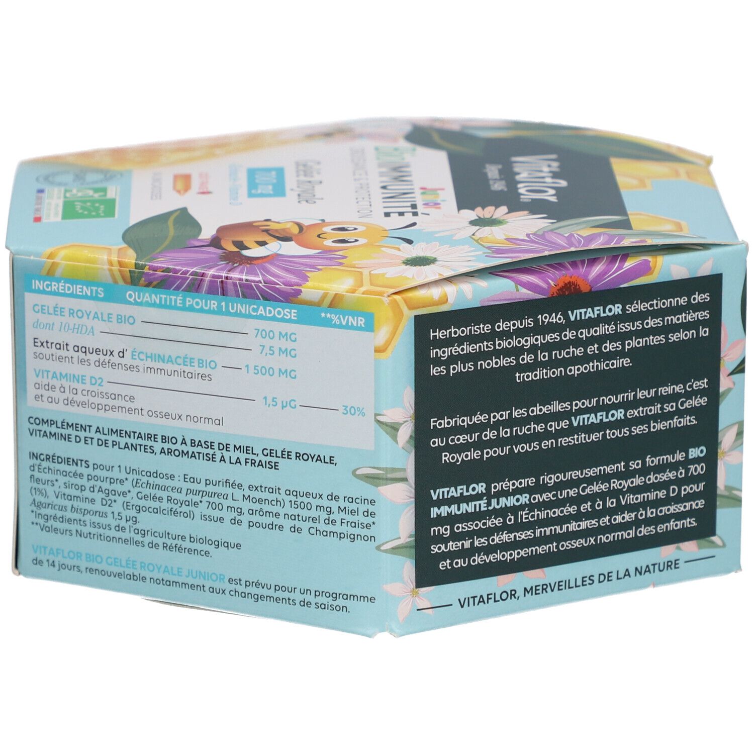 Boîte Vitaflor BioImmunité. Texte: Ingrédients, quantité par unidose. Contient Gelée Royale Bio.