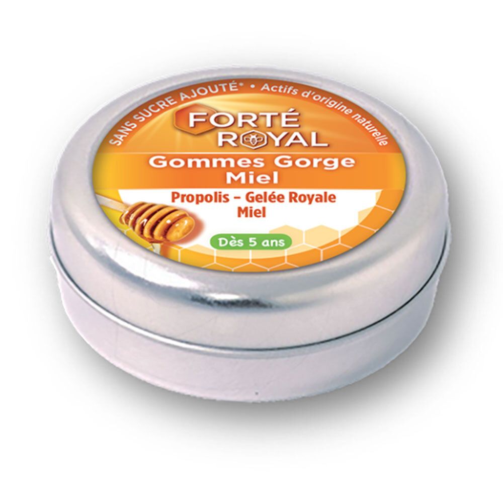 Boîte ronde avec étiquette. Inscription: FORTÉ ROYAL Gommes Gorge Miel. Ruche et cuillère à miel illustrées.