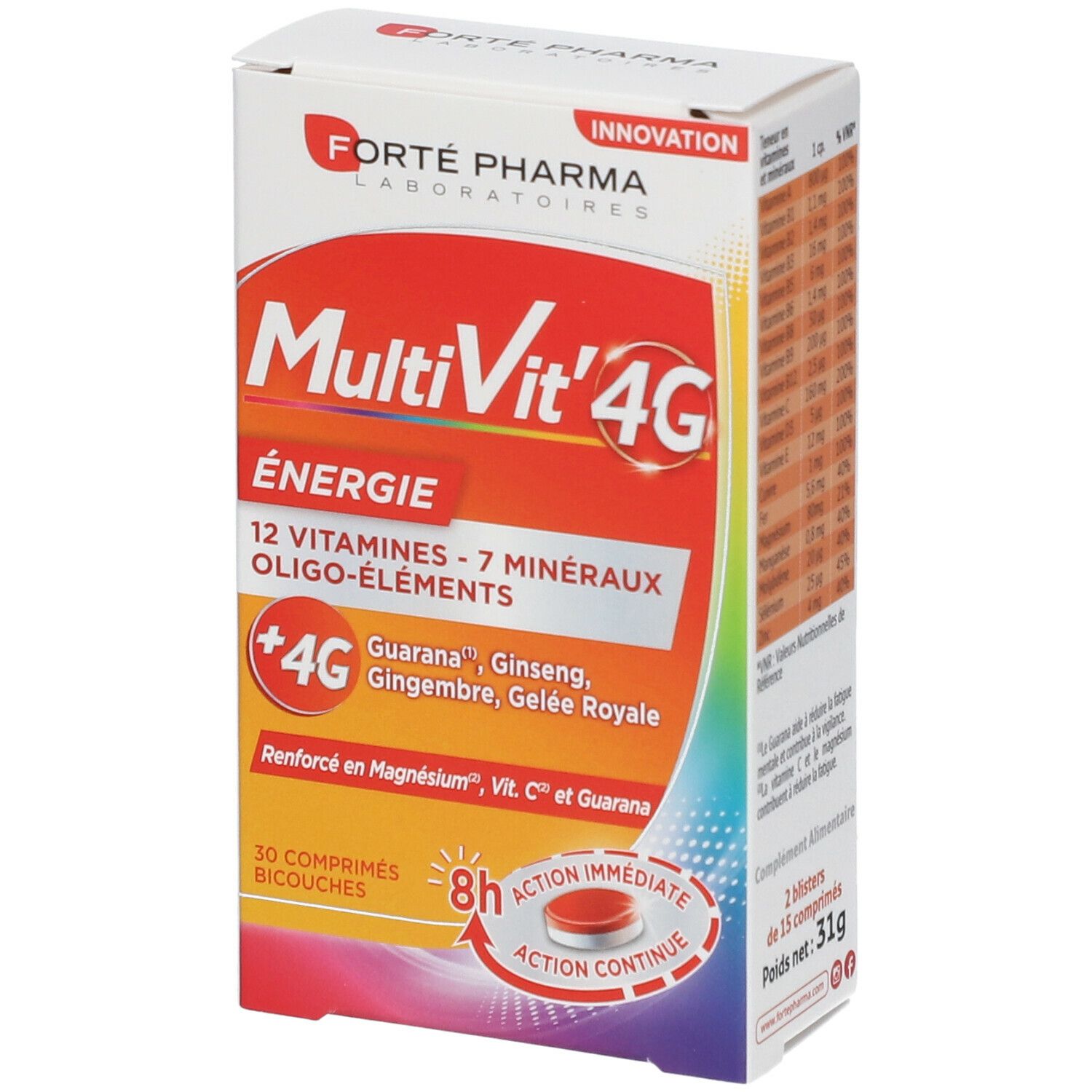 Boîte MultiVit' 4G Énergie. Contient 30 comprimés. Inscription: 12 vitamines, 7 minéraux, +4G. Marque: Forté Pharma.