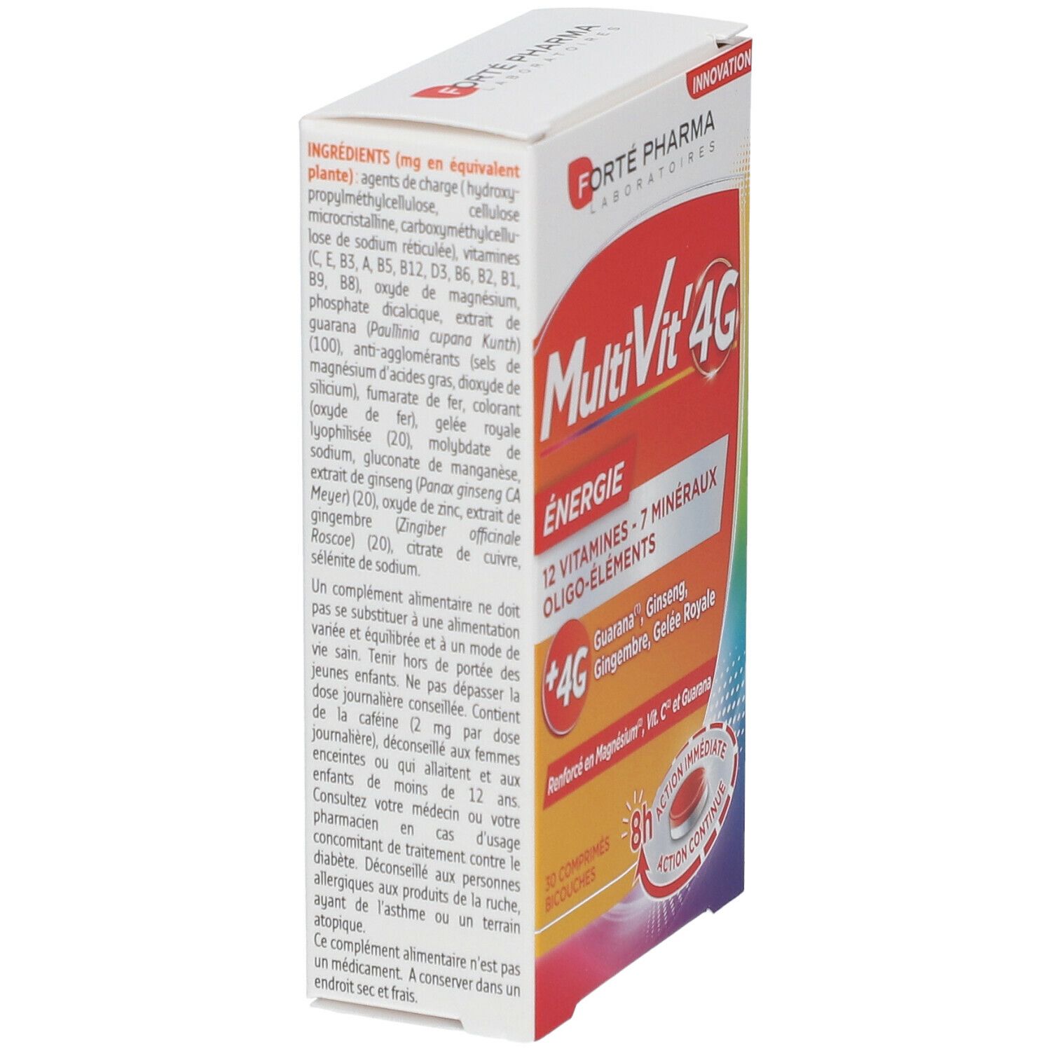 Boîte MultiVit' 4G Énergie. Vue latérale avec ingrédients et informations produit. Marque: Forté Pharma.