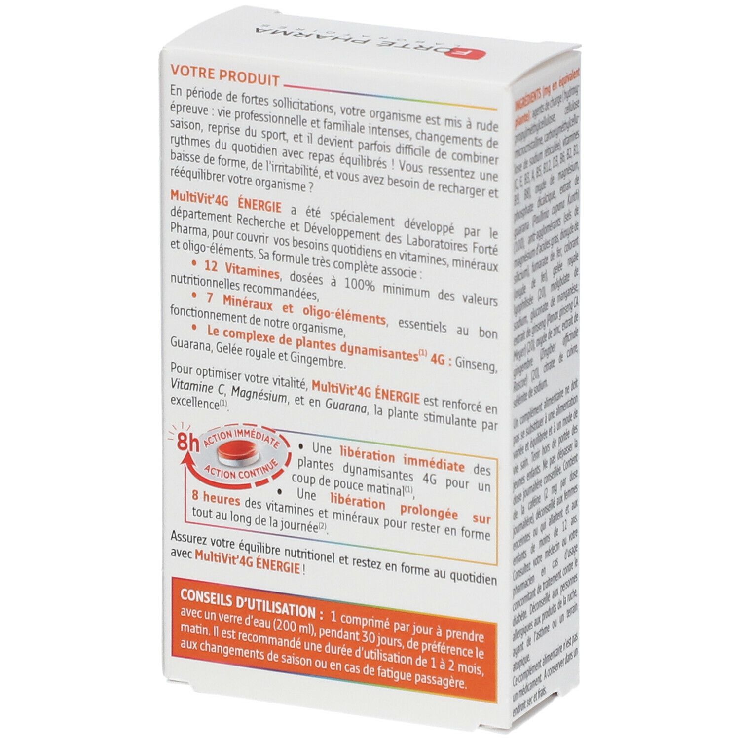 Dos de la boîte MultiVit' 4G Énergie. Texte sur les avantages et l'utilisation du produit. Marque: Forté Pharma.