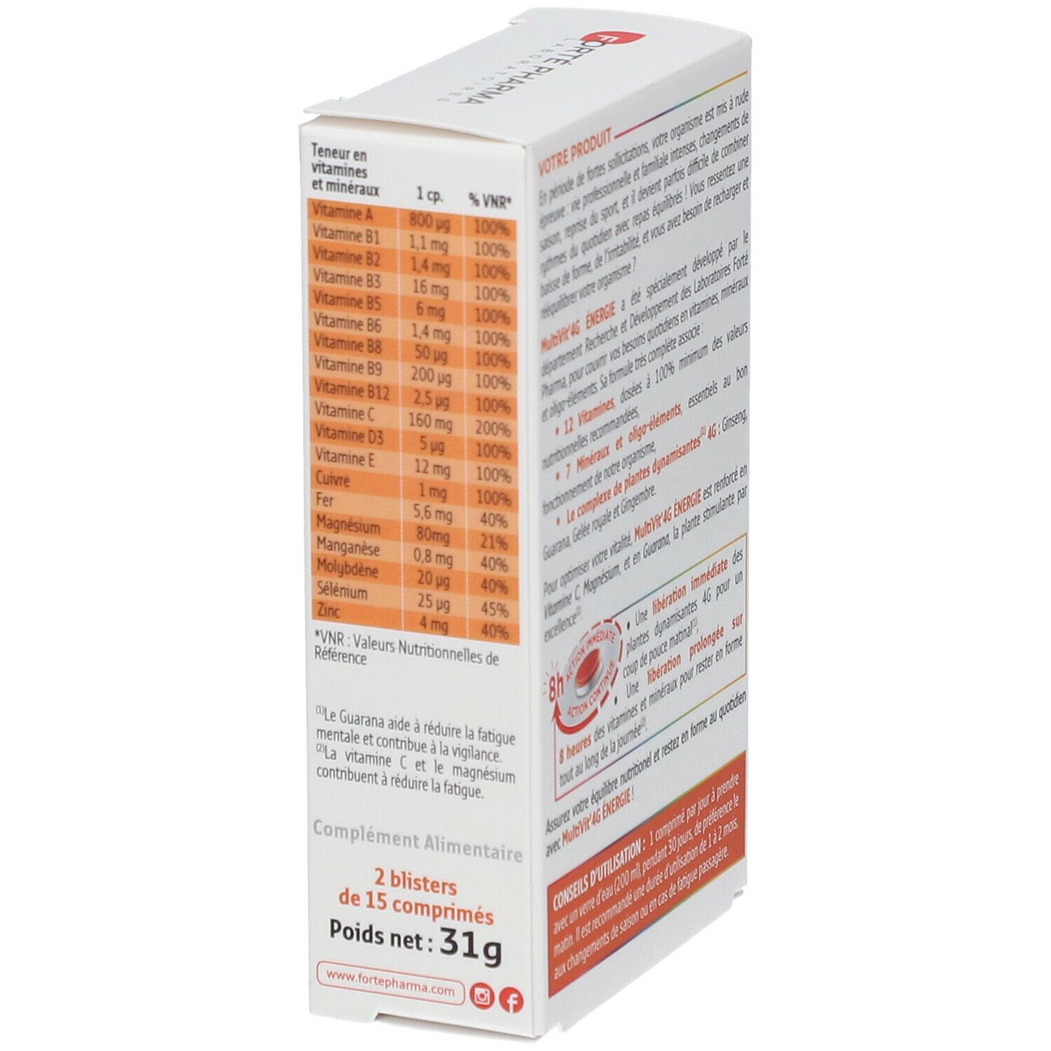 Côté de la boîte MultiVit' 4G Énergie. Informations nutritionnelles et contenu de l'emballage. Marque: Forté Pharma.