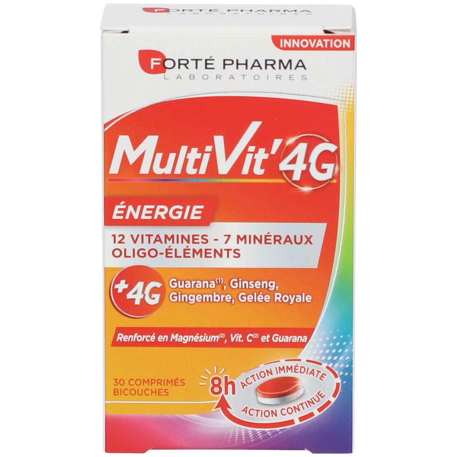 Boîte MultiVit' 4G Énergie. Vue de face avec nom du produit et ingrédients. Marque: Forté Pharma.