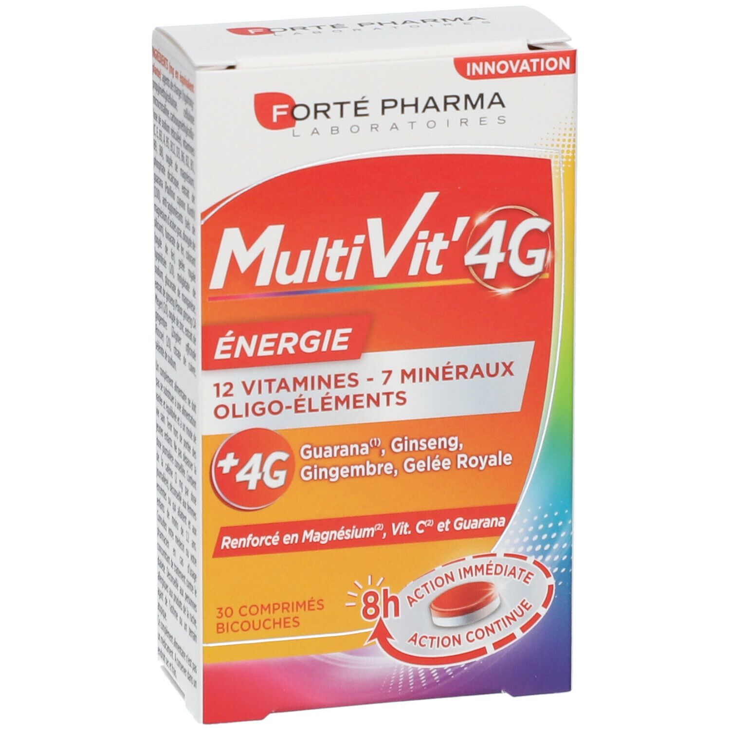 Boîte MultiVit' 4G Énergie. Vue de face avec nom du produit et ingrédients. Marque: Forté Pharma.