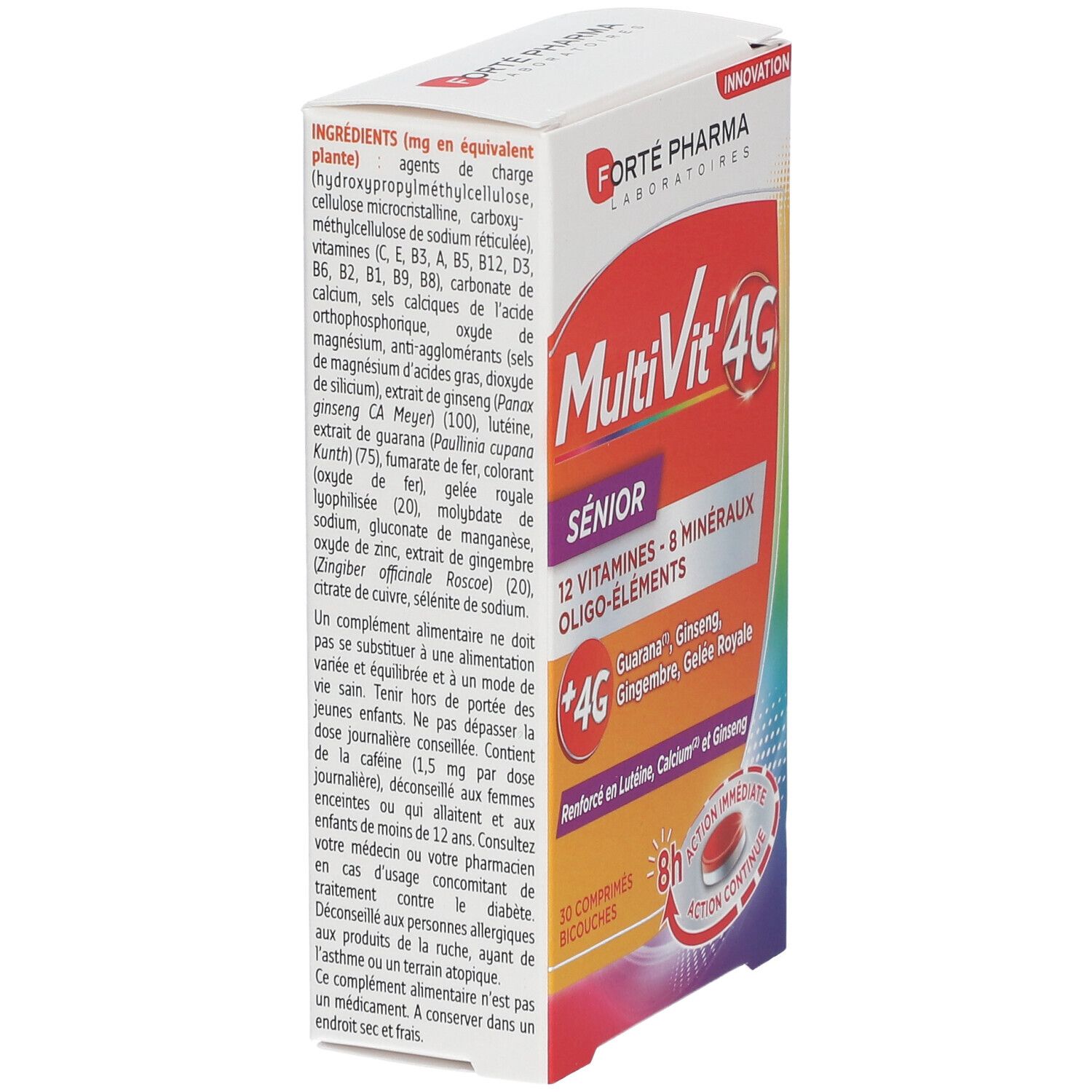 Boîte MultiVit'4G Senior. Contient 12 vitamines, 8 minéraux et oligo-éléments. Ingrédients et informations nutritionnelles.