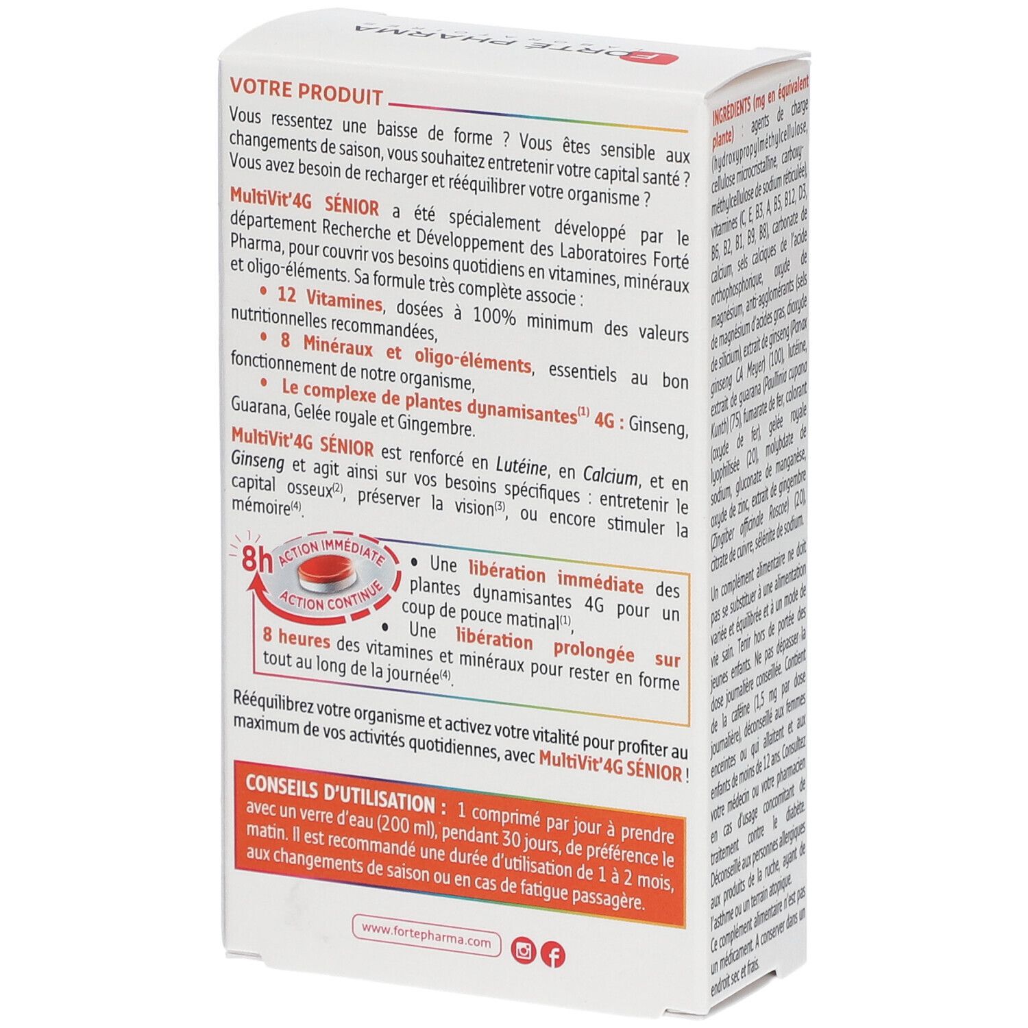 Dos de la boîte MultiVit'4G Senior. Contient des informations sur les ingrédients, l'utilisation et les valeurs nutritionnelles.