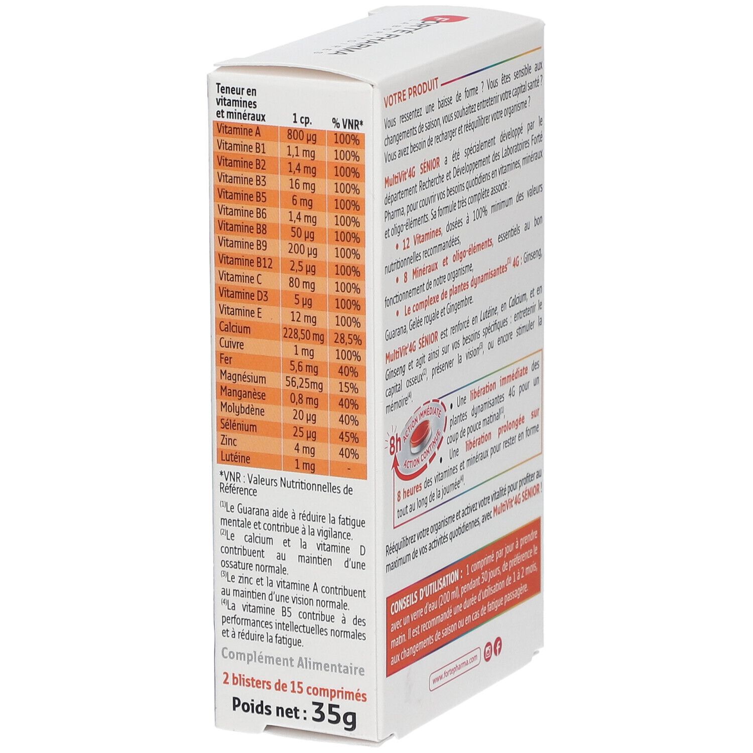 Dos de la boîte MultiVit'4G Senior. Contient des informations sur les vitamines et minéraux. 2 blisters de 15 comprimés.