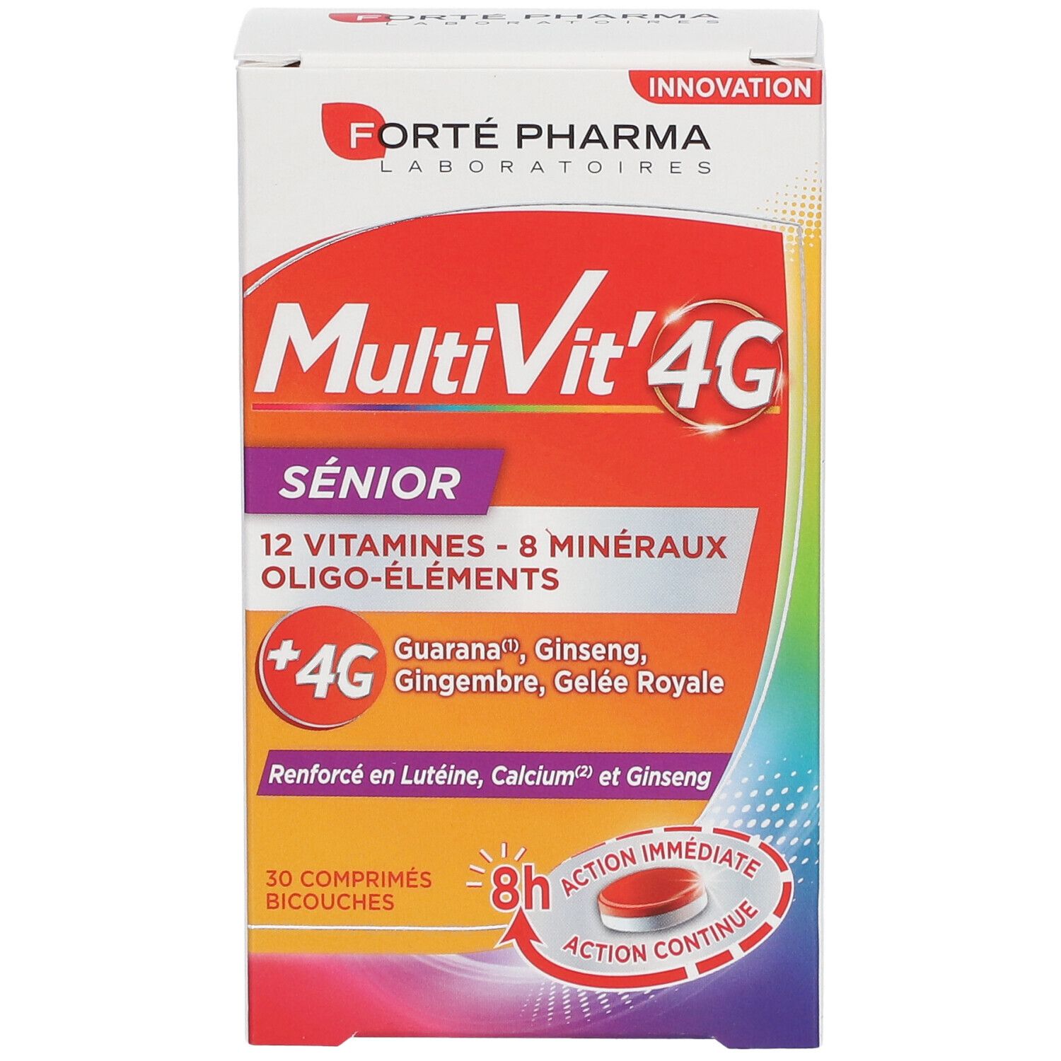 Boîte de MultiVit'4G Senior. Contient 12 vitamines, 8 minéraux et oligo-éléments. Avec guarana, ginseng, gingembre, gelée royale.