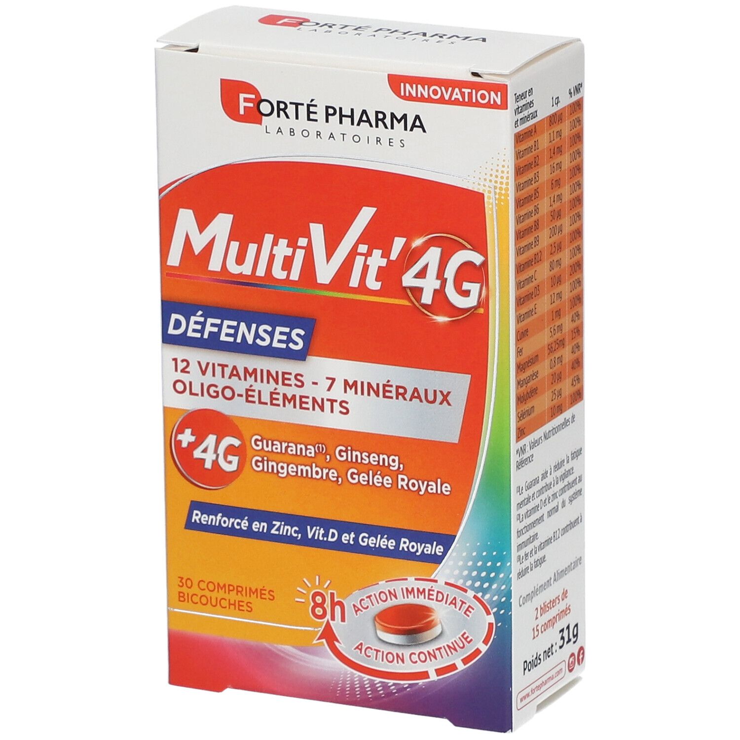 Boîte de Forté Pharma MultiVit'4G Défenses. Contient 30 comprimés. Inscription: 12 vitamines, 7 minéraux, +4G.