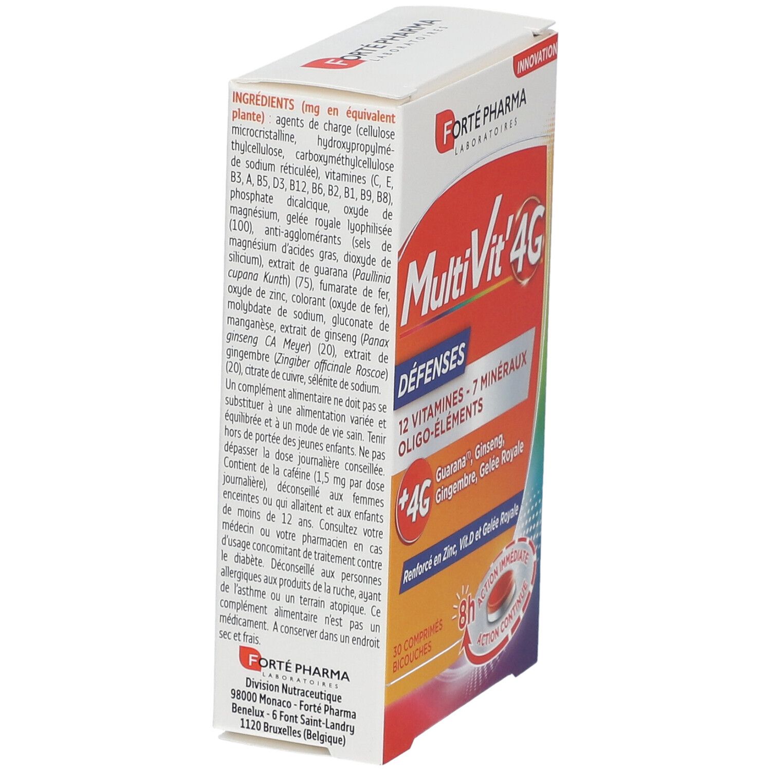Vue latérale de la boîte de Forté Pharma MultiVit'4G Défenses. Contient les ingrédients et les instructions de dosage.